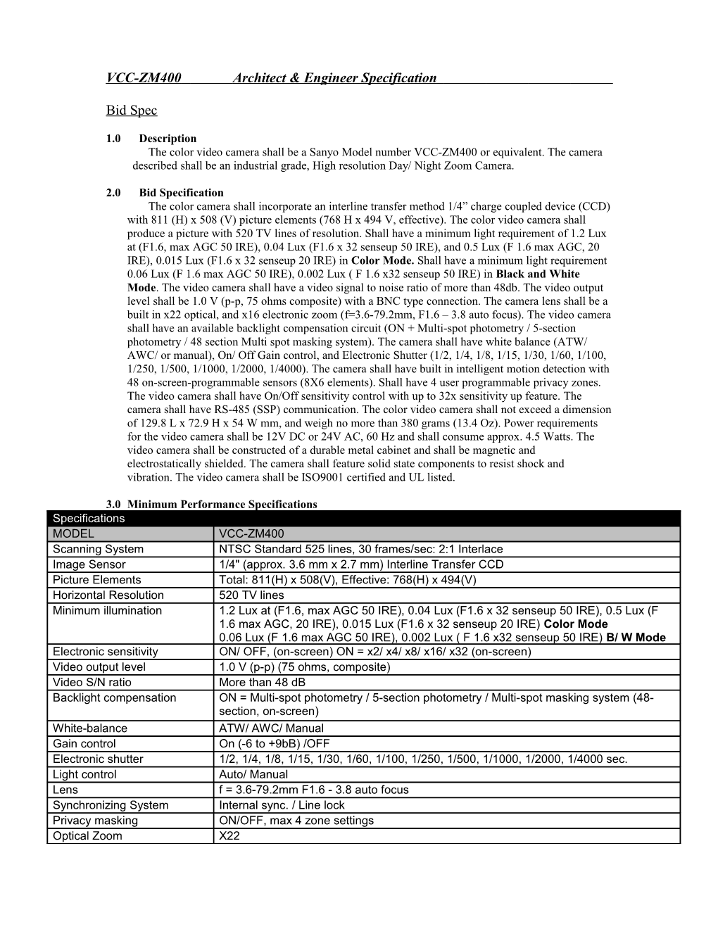 VCC-ZM400 Architect & Engineer Specification