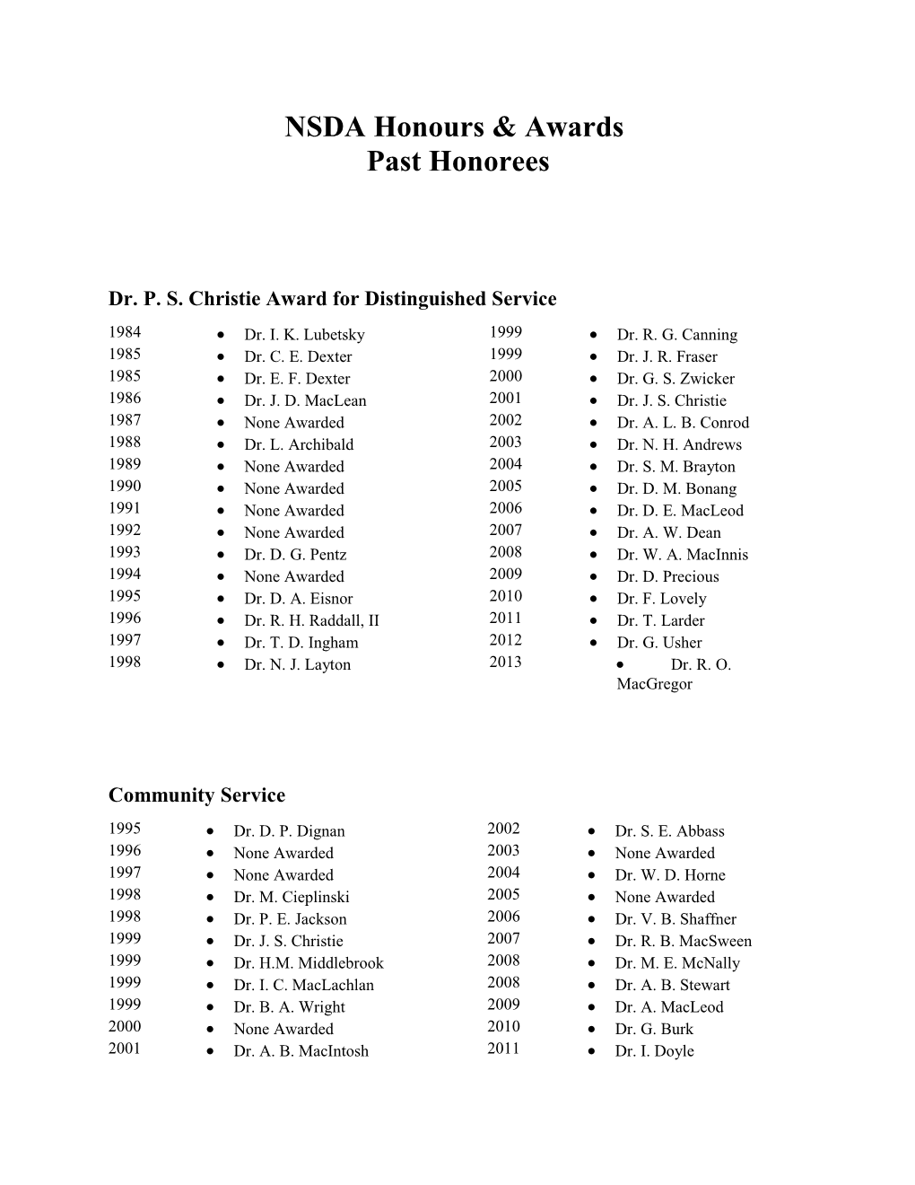 Dr. P. S. Christie Award for Distinguished Service
