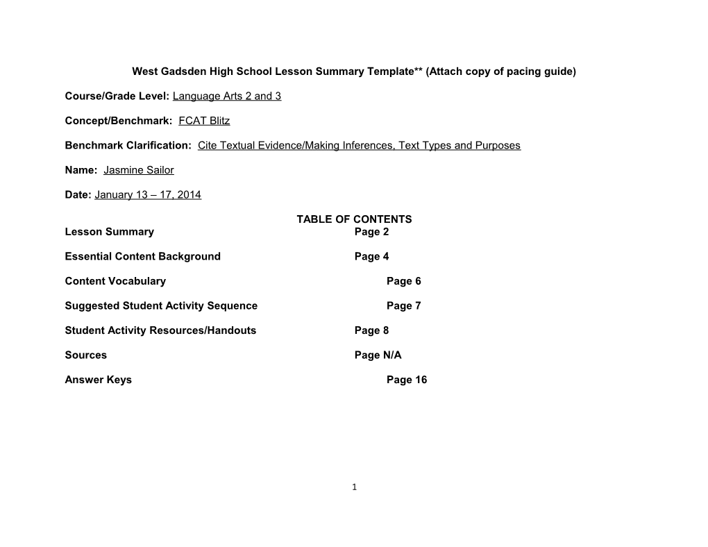 West Gadsden High School Lesson Summary Template (Attach Copy of Pacing Guide)