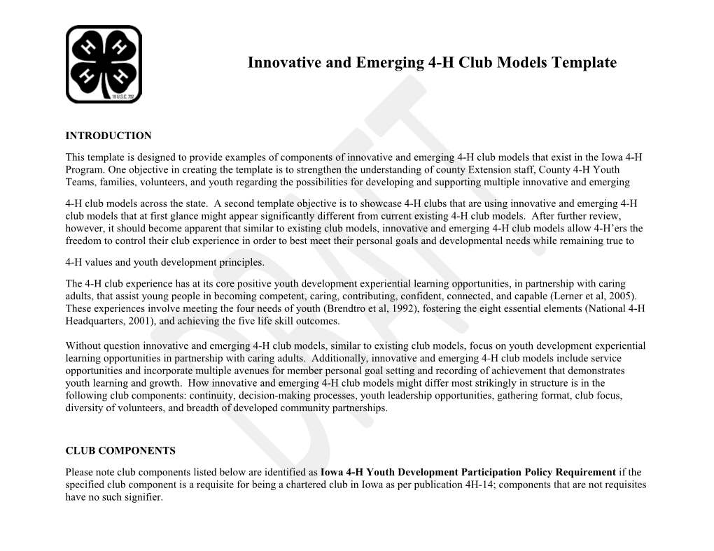 Innovate and Emerging 4-H Club Models Template