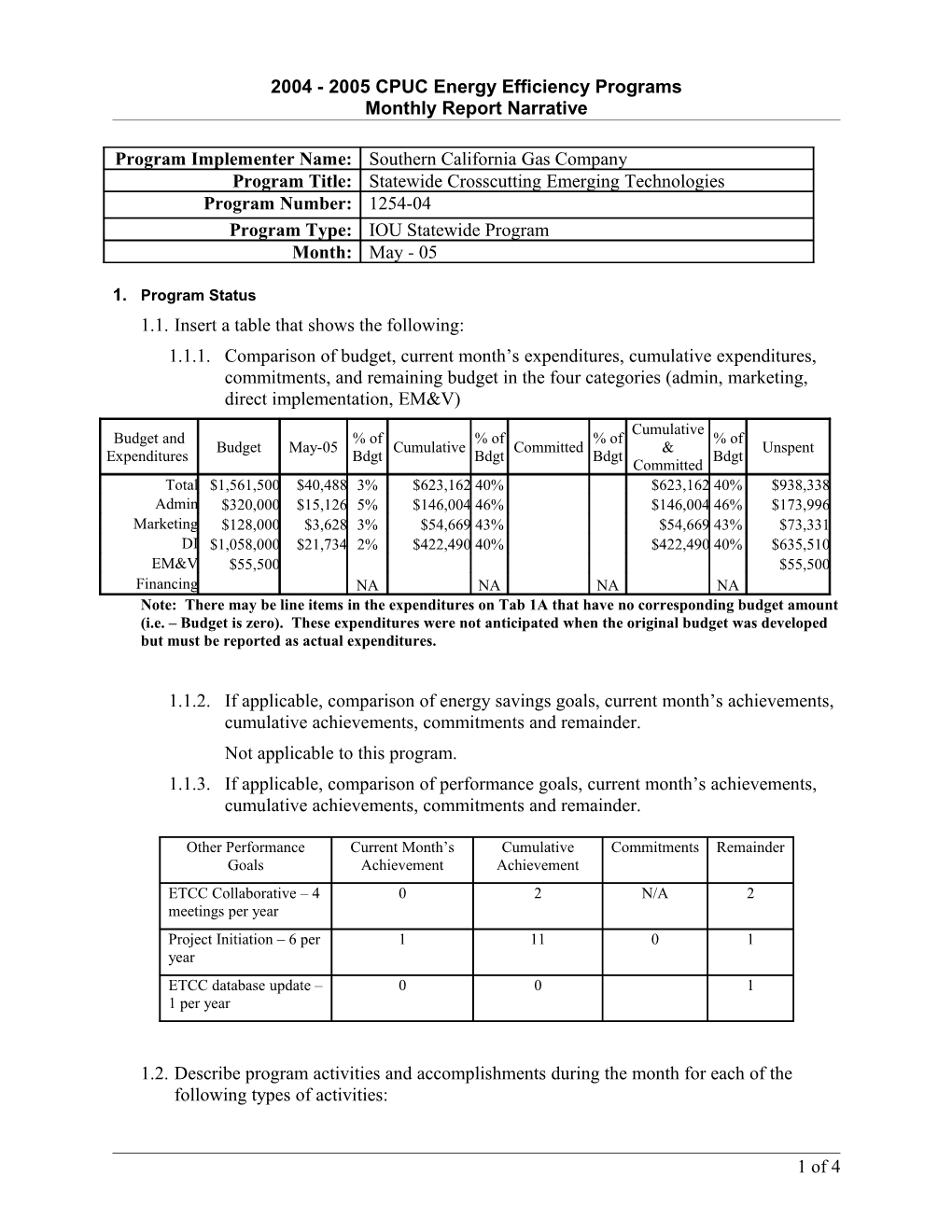 2004 - 2005 CPUC Energy Efficiency Programs Monthly Report Narrative