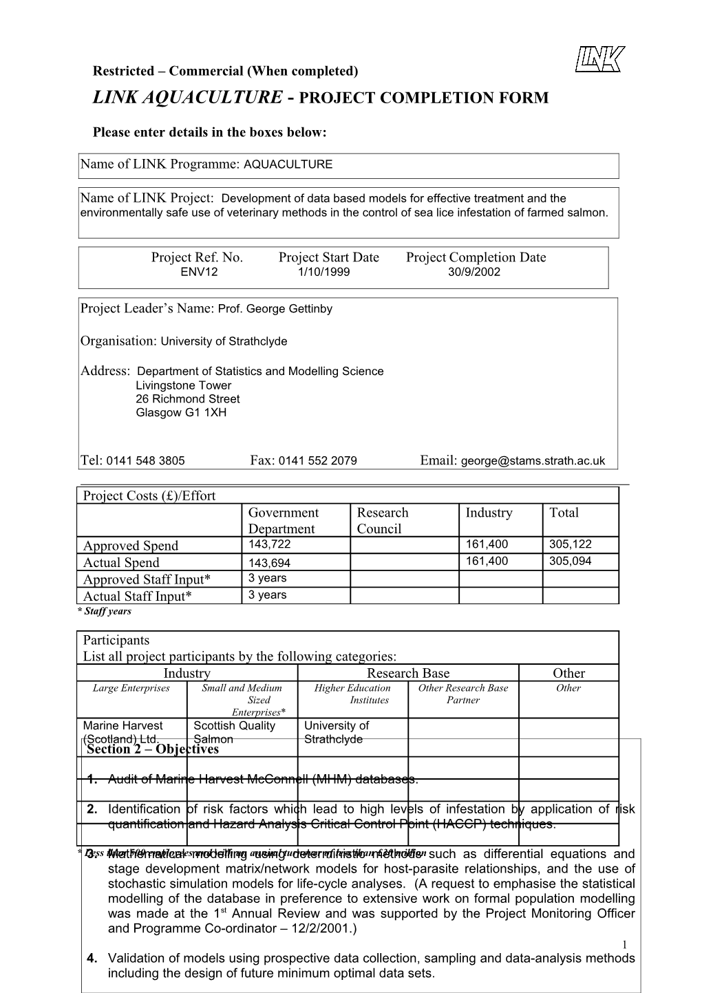 Link Aquaculture - Project Completion Form