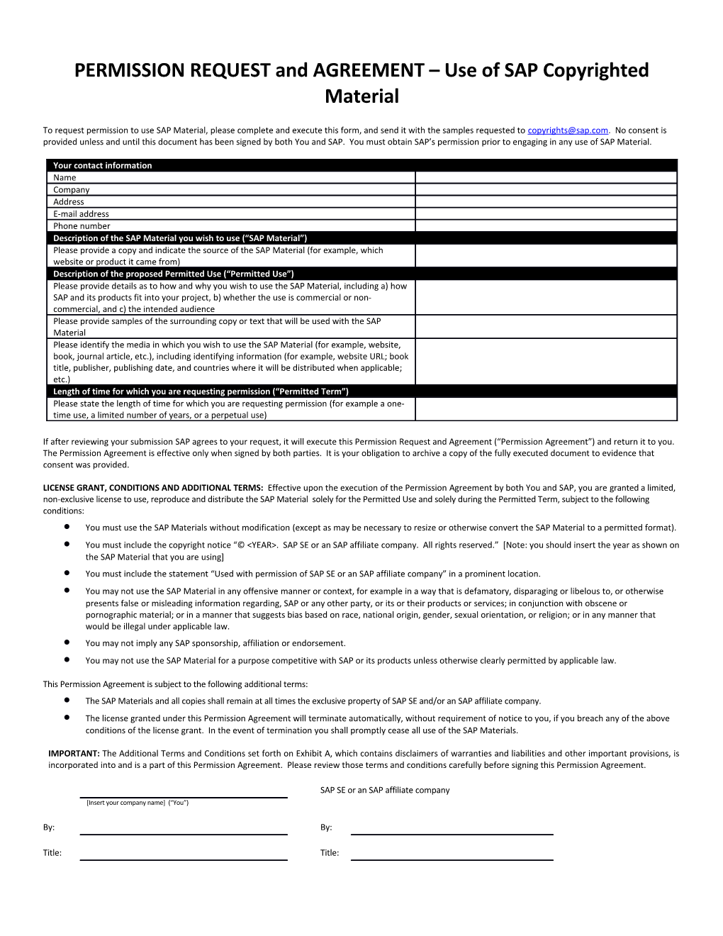 PERMISSION REQUEST and AGREEMENT Use of SAP Copyrighted Material