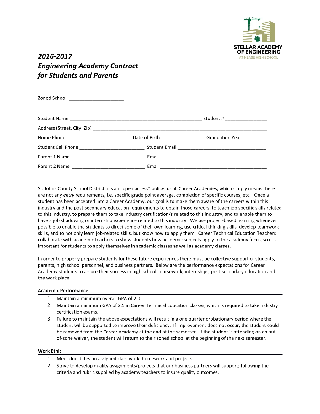 2016-2017 Engineering Academy Contract for Students and Parents