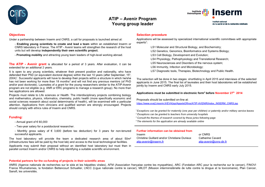 ATIP-Avenir Evaluation Panels and Fields of Research Covered by the Respective Panels