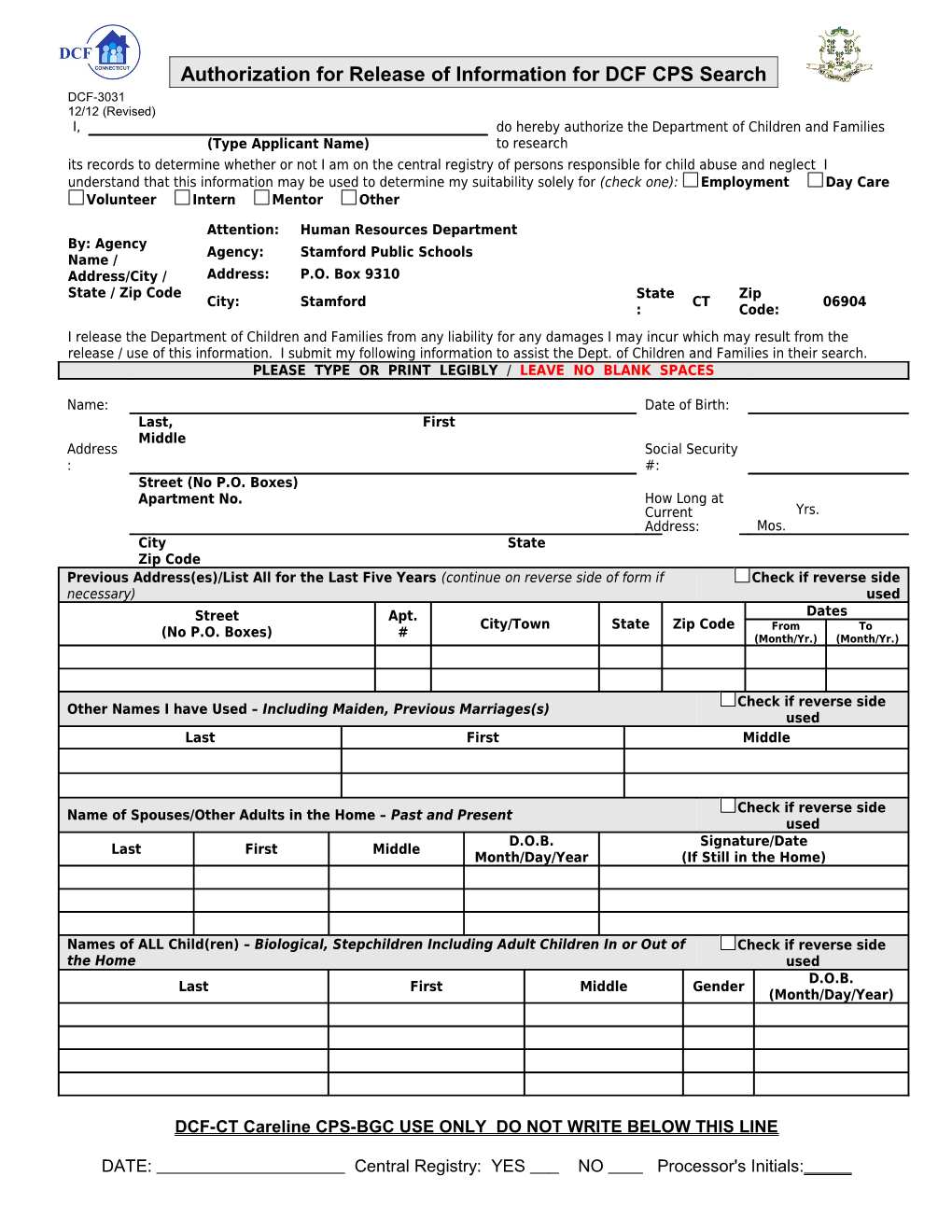 09/01/2005 Authorization for Release of Information for Dcf Cps Search