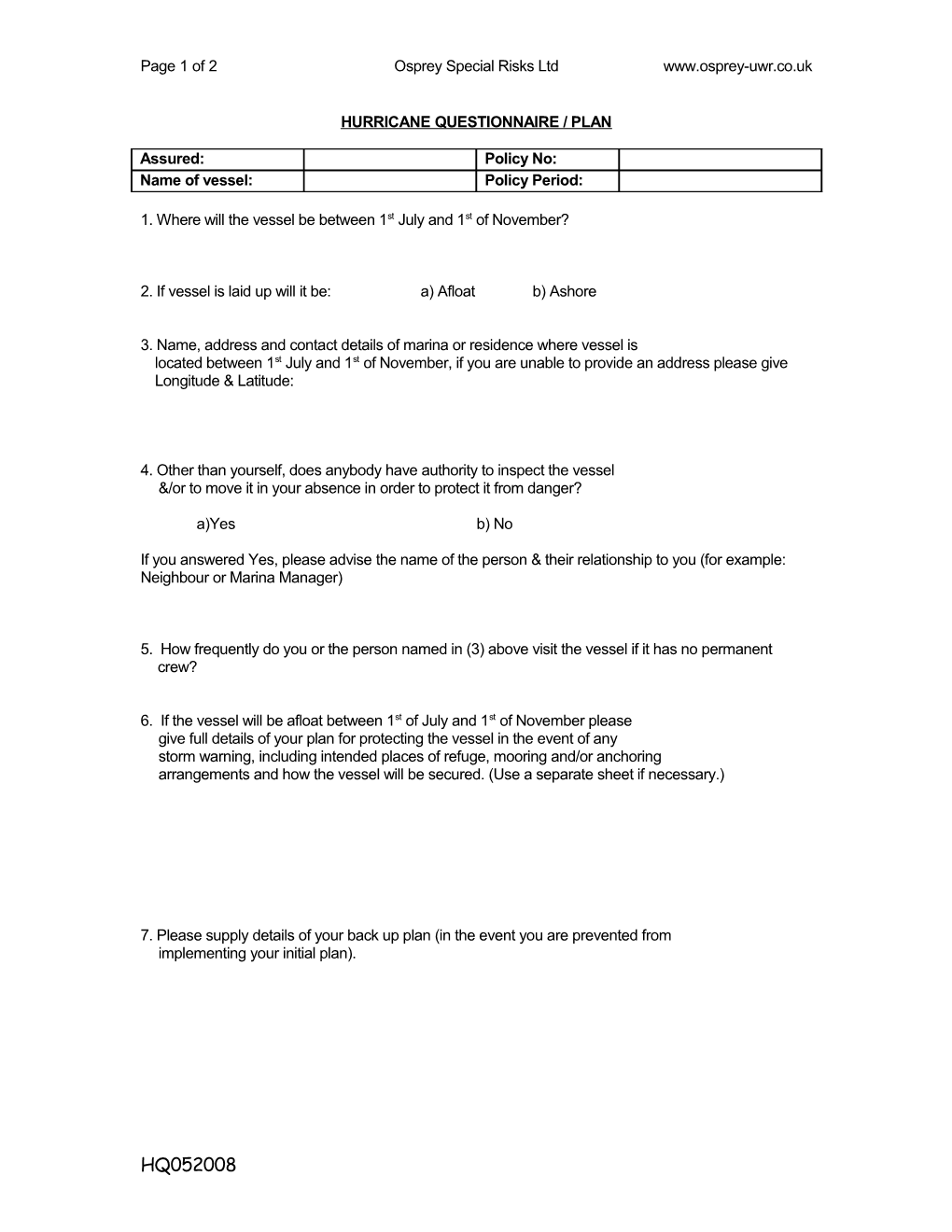 Hurricane Questionnaire / Plan