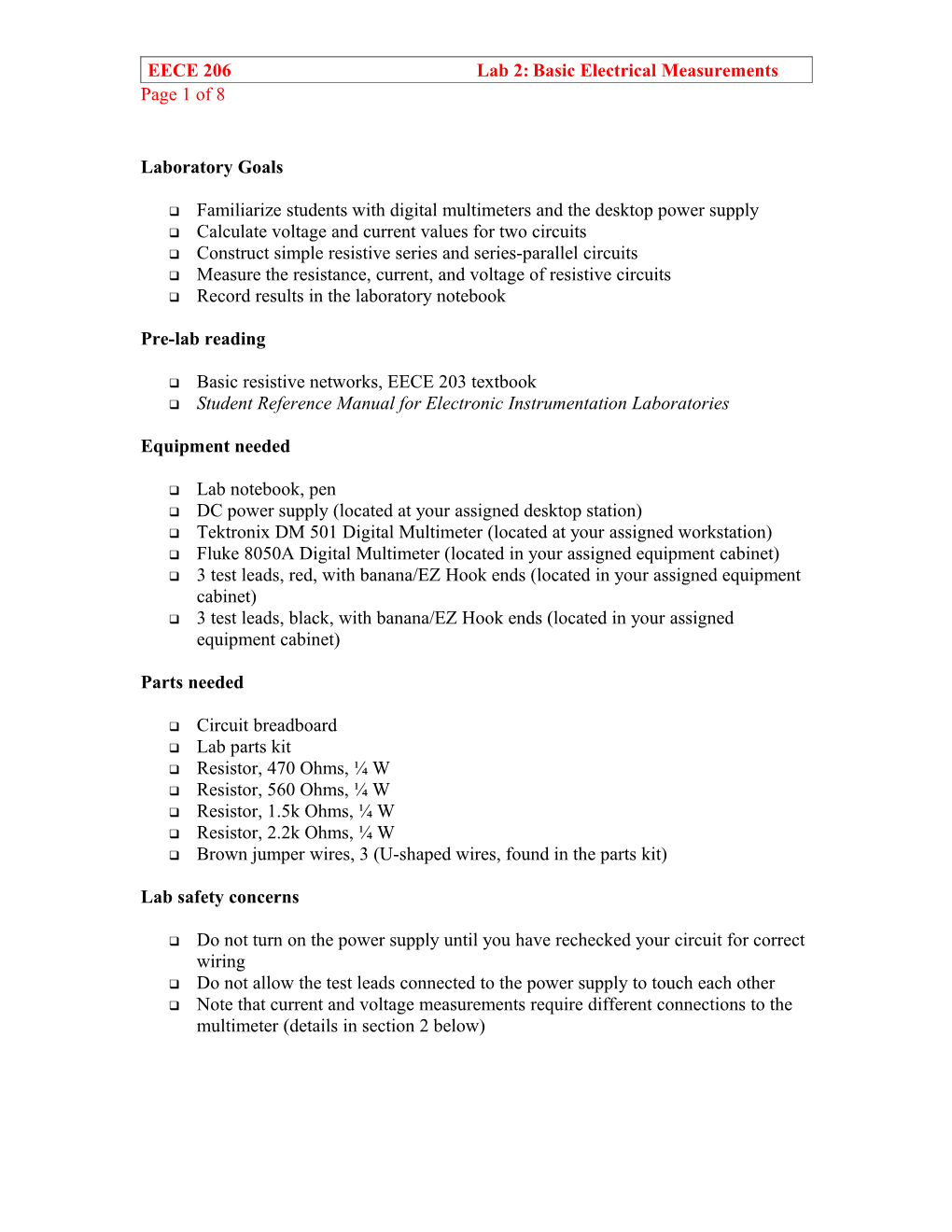 Outline for Laboratory Template