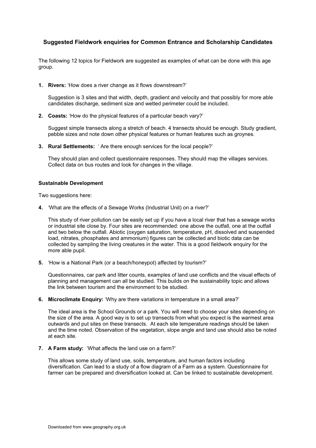 Suggested Fieldwork Enquiries for Common Entrance and Scholarship Candidates