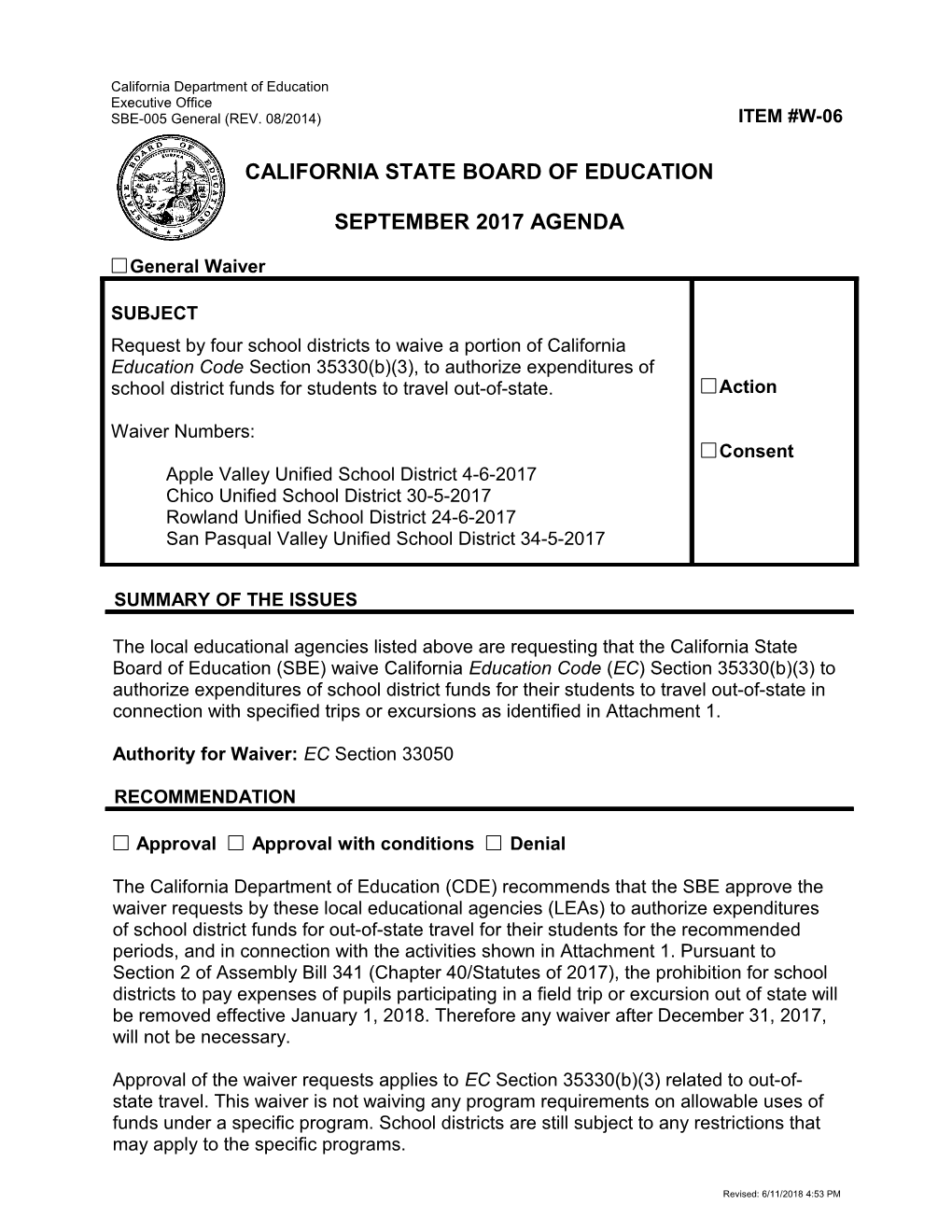 September 2017 Waiver Item W-06 - Meeting Agendas (CA State Board of Education)