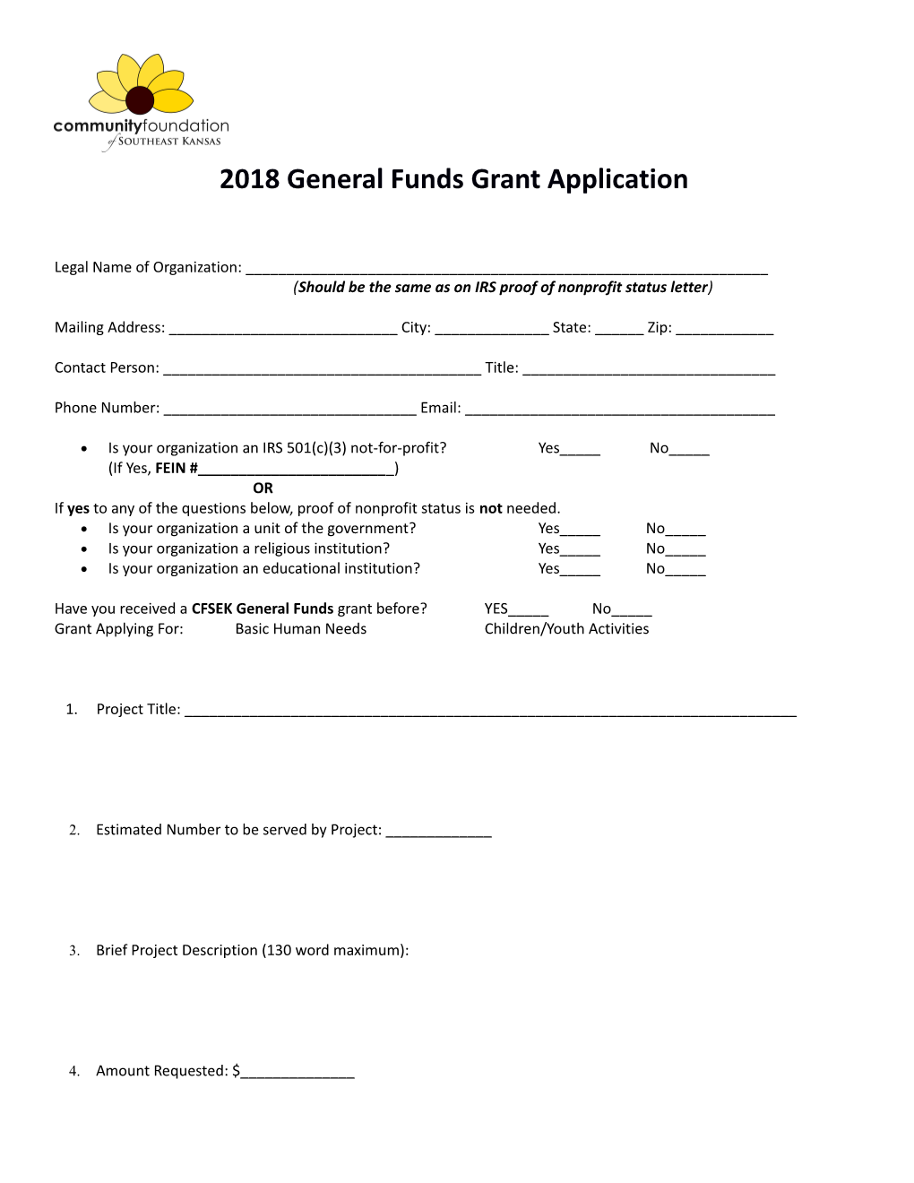 2018 General Funds Grant Application