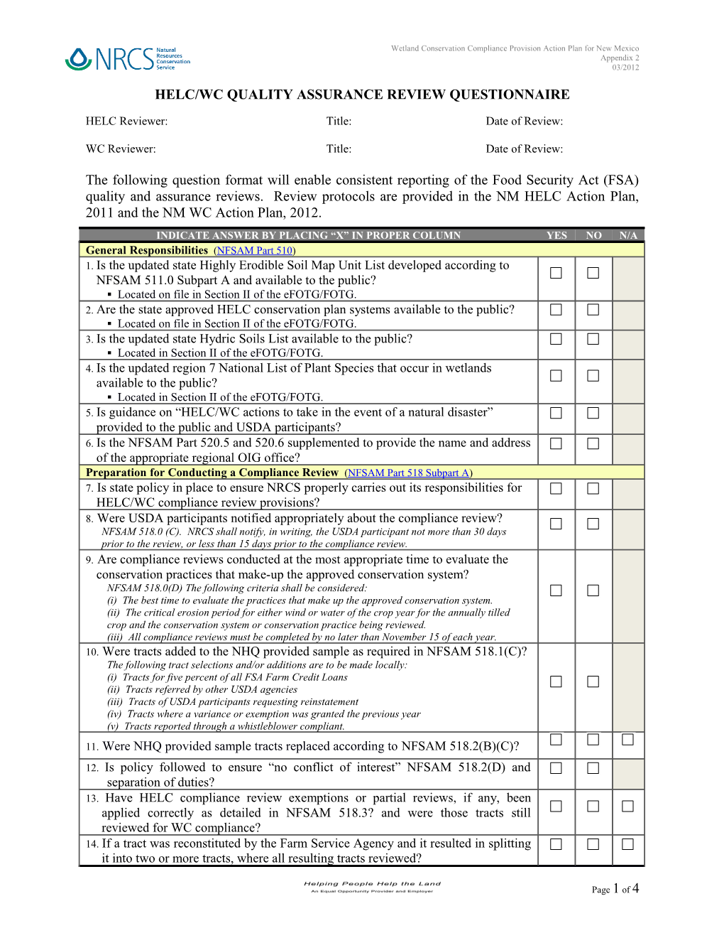 Helc/Wcquality Assurance Review Questionnaire