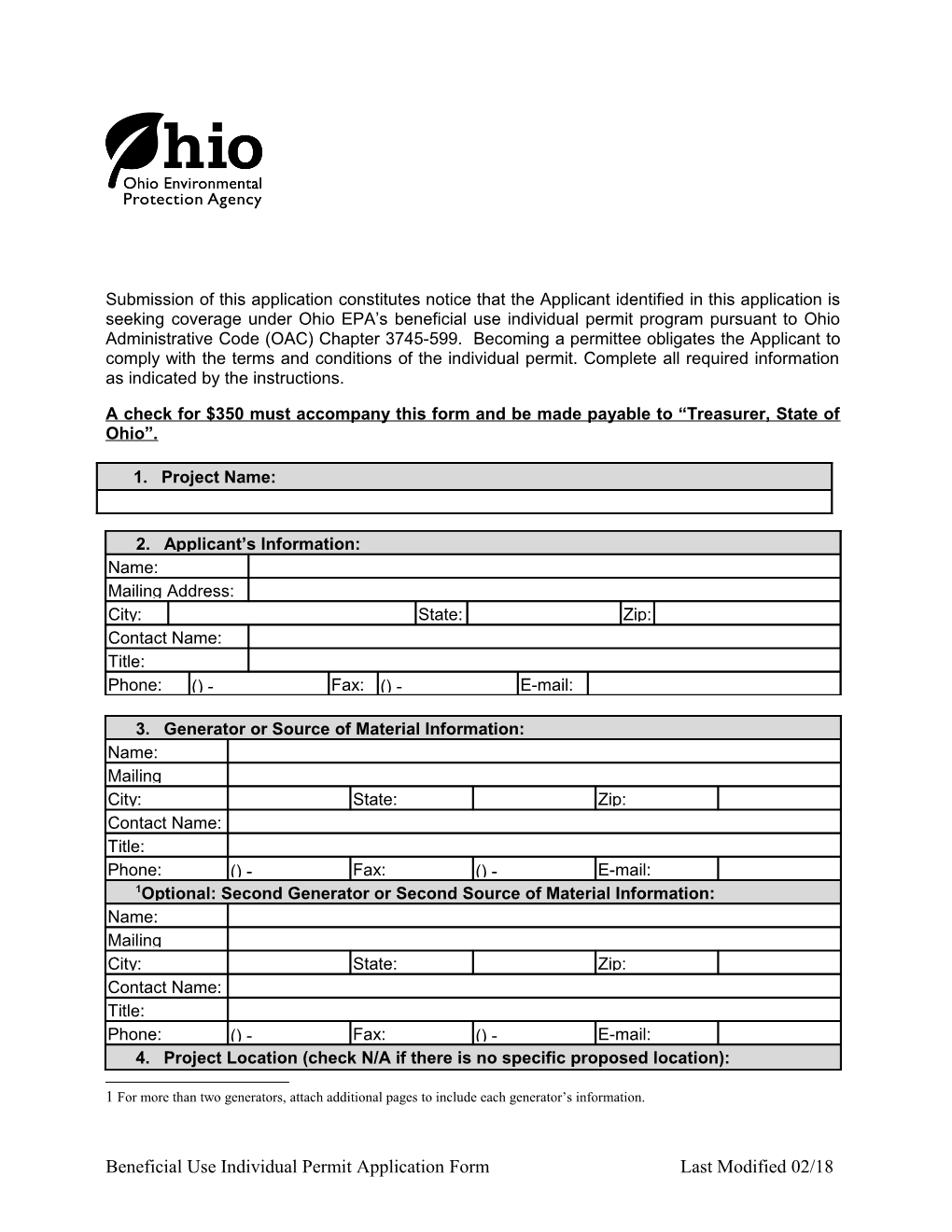 A Check for $350 Must Accompany This Form and Be Made Payable to Treasurer, State of Ohio