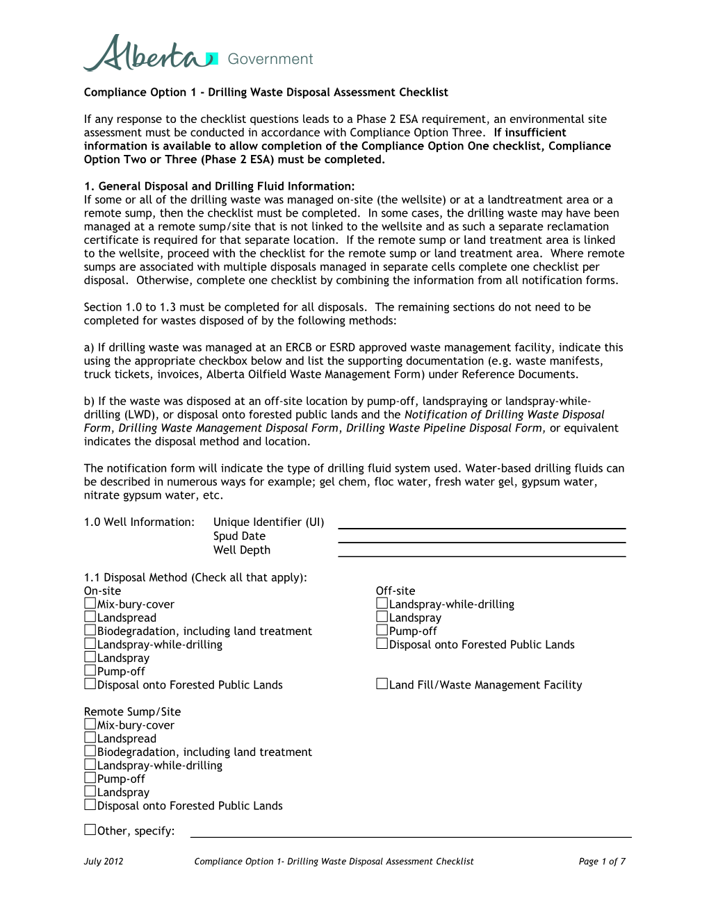 Drilling Waste Disposal Assessment Checklist