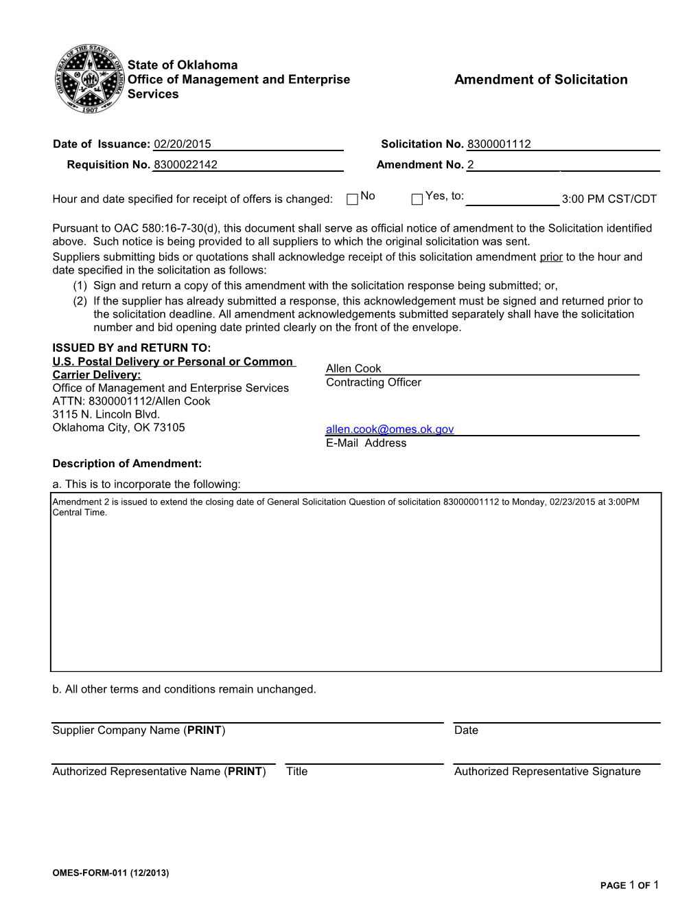 Description of Amendment - Continuing