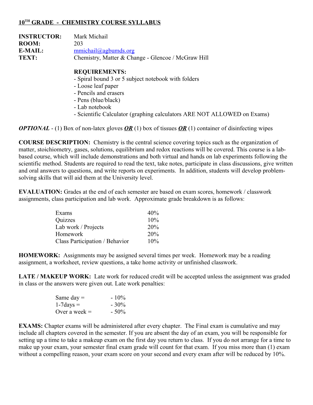 10Th Grade - Chemistry Course Syllabus