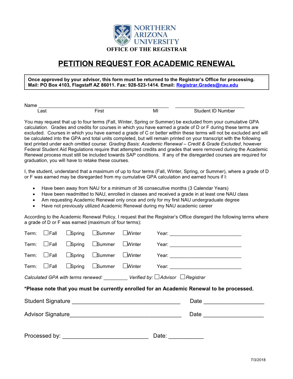 Petition Request for Academic Renewal
