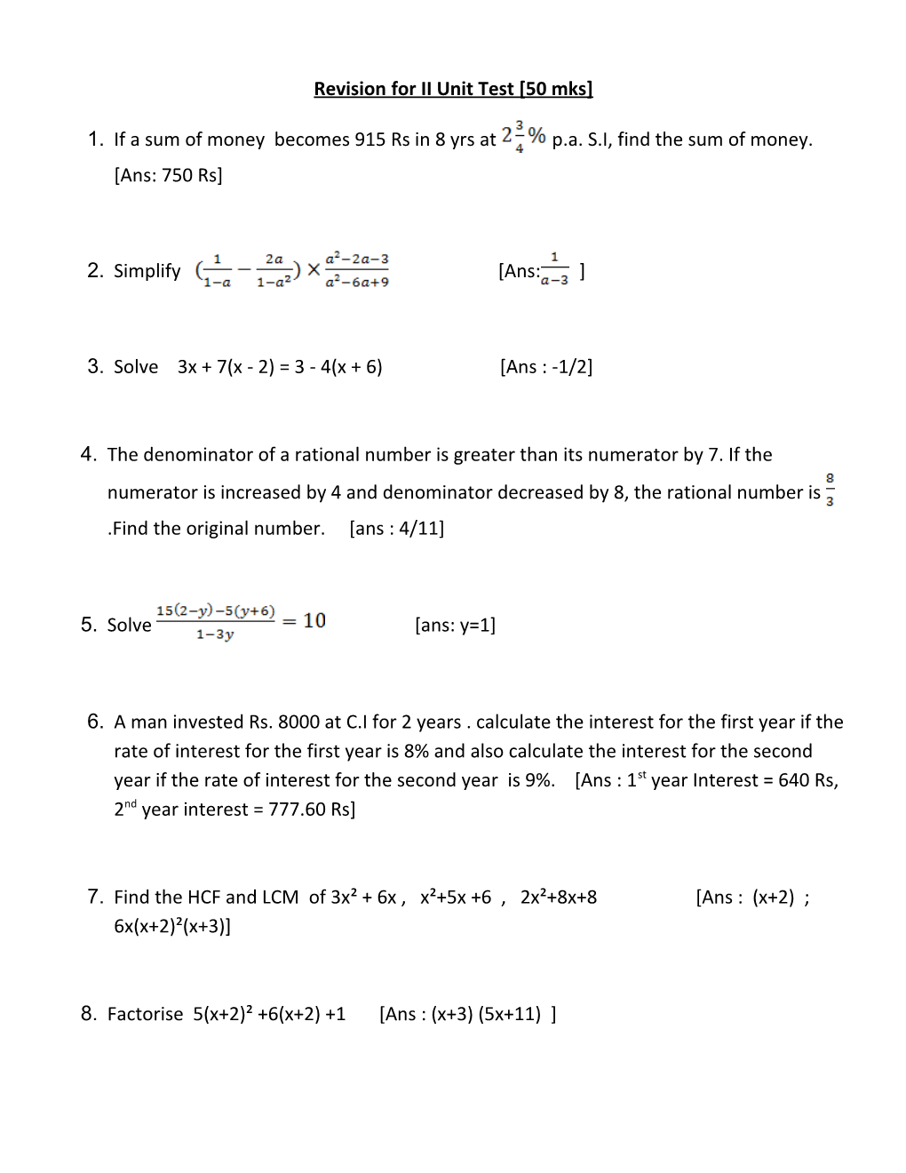 Revision for II Unit Test 50 Mks