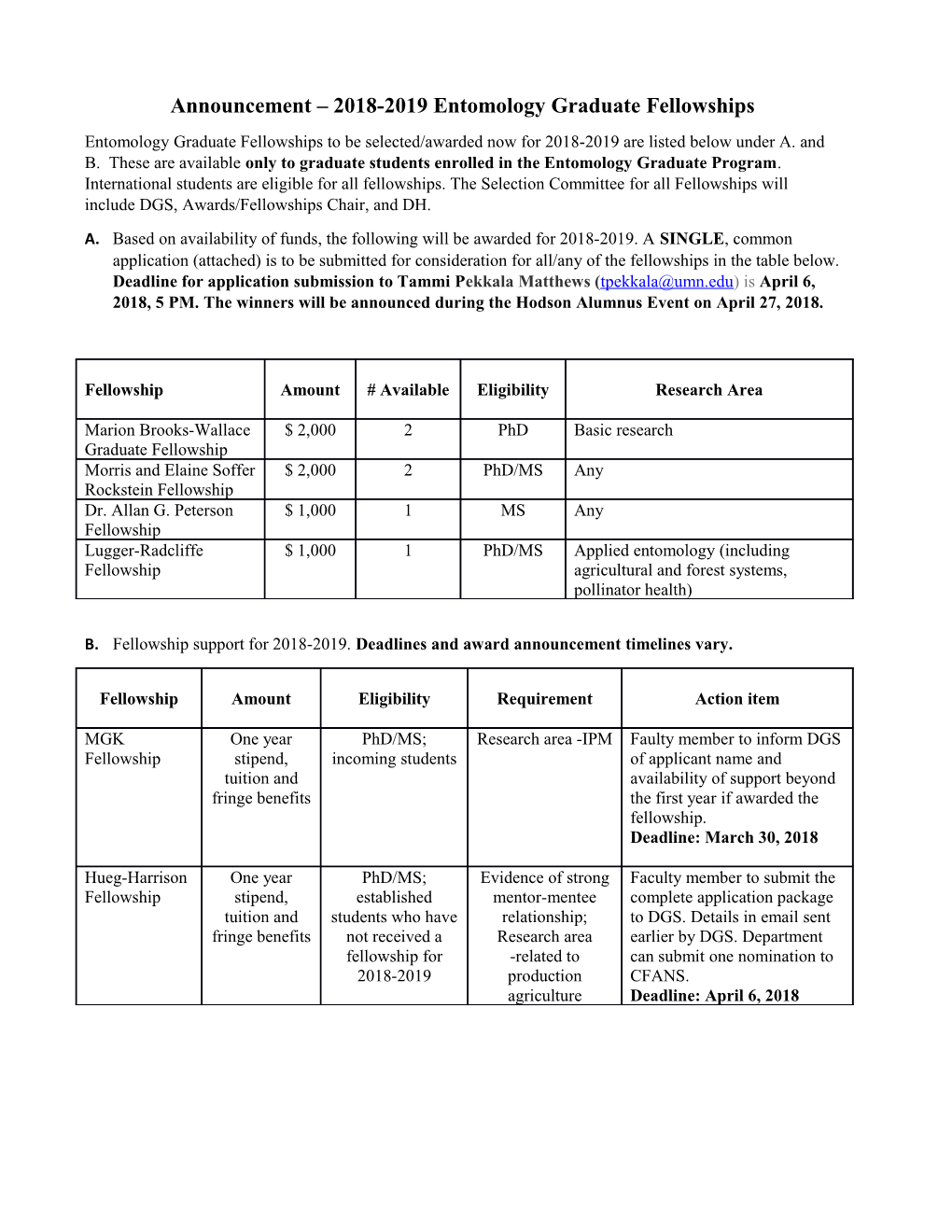 Announcement 2018-2019 Entomology Graduate Fellowships