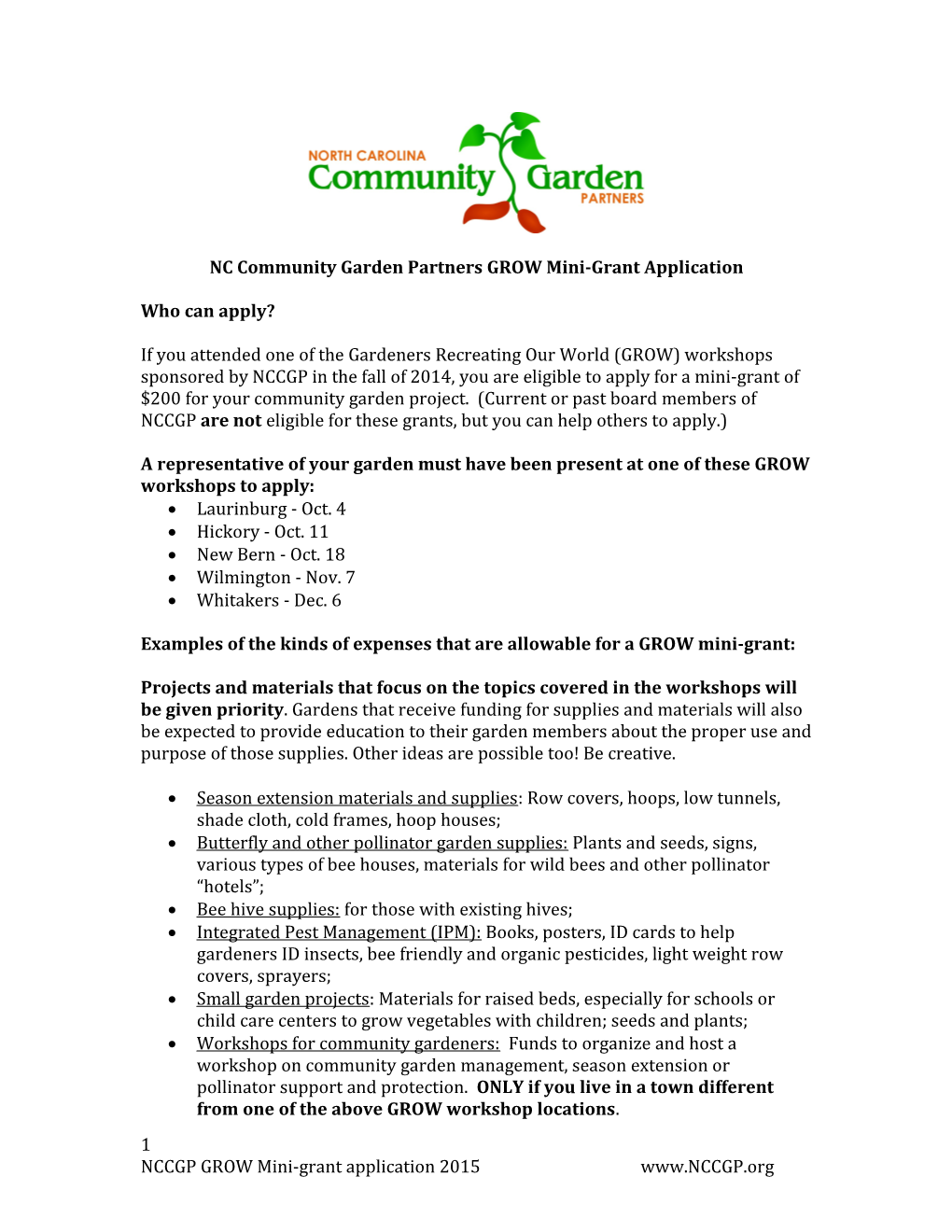 NC Community Garden Partners GROW Mini-Grant Application