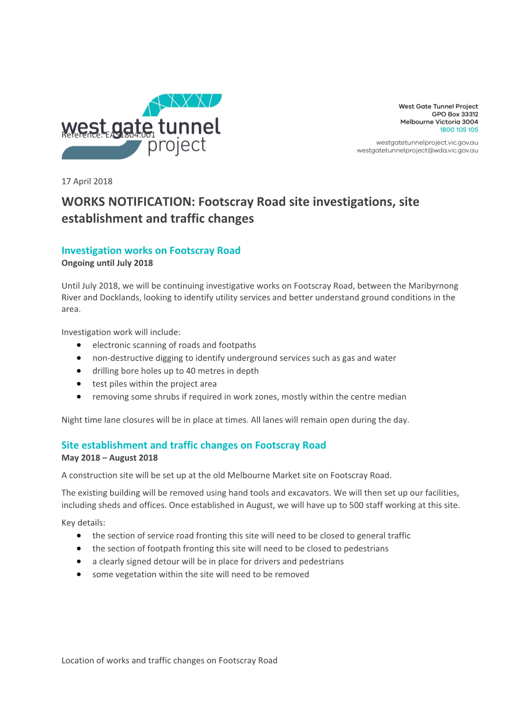 WORKS NOTIFICATION: Footscray Road Site Investigations, Site Establishment and Traffic Changes