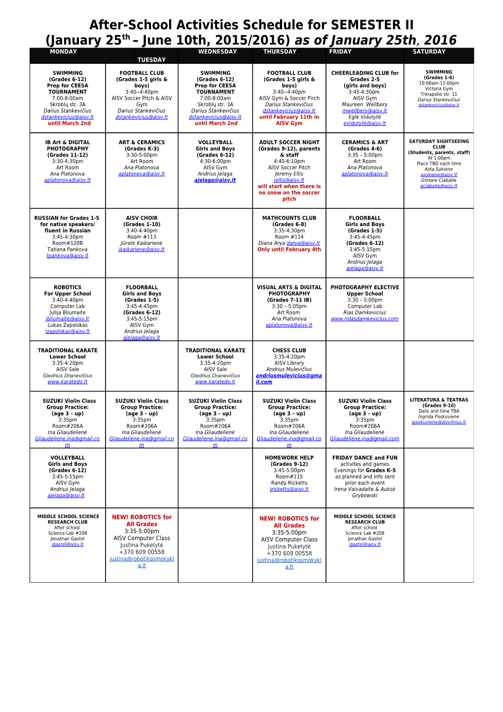 After-School Activities Schedule for SEMESTER II