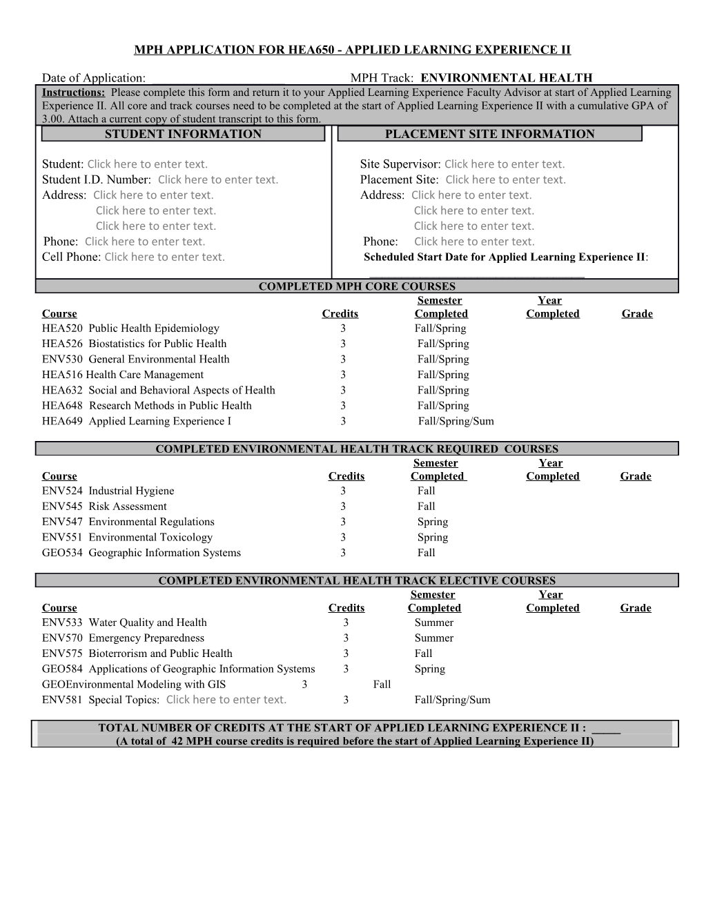 Mph Application for Hea650 - Applied Learning Experience Ii