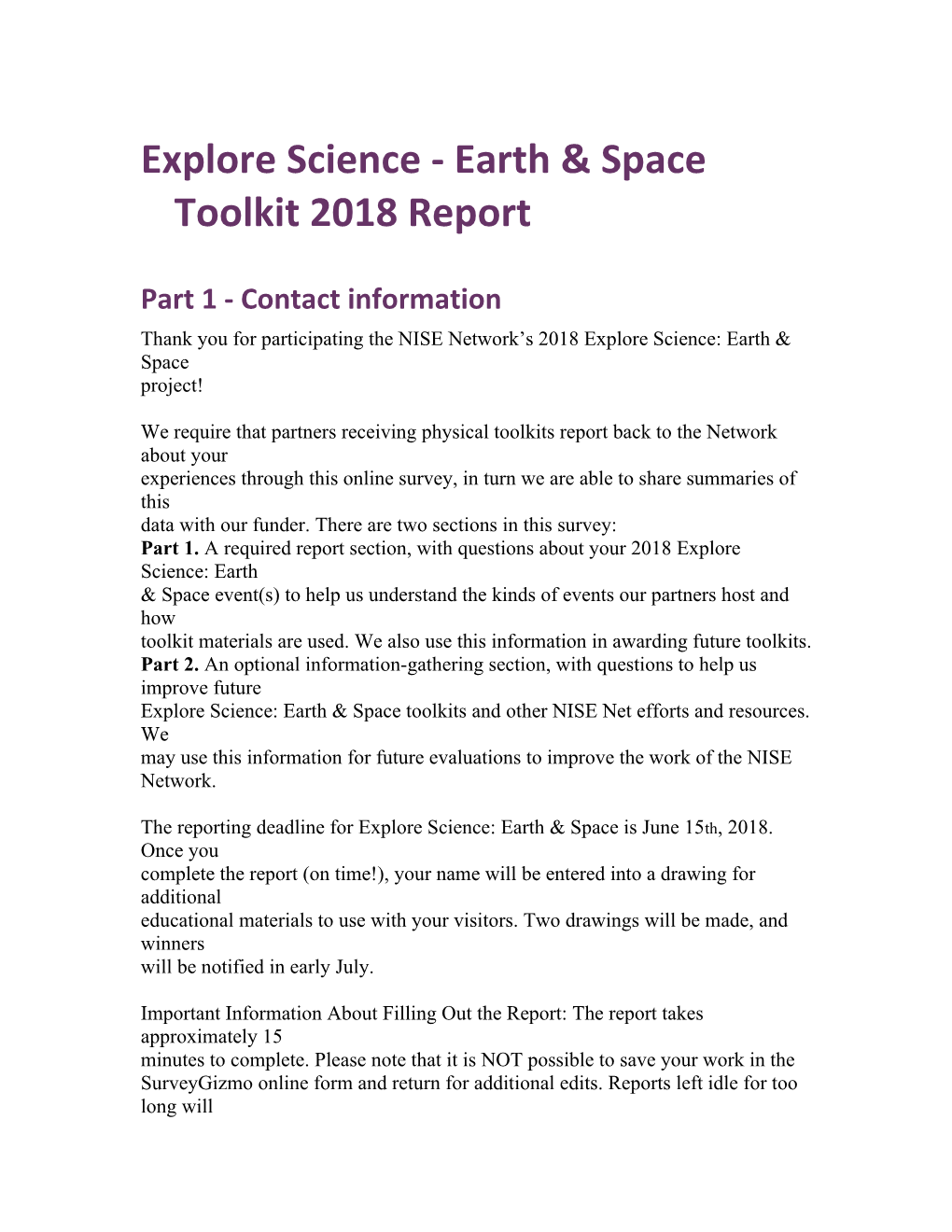 Explore Science - Earth & Space Toolkit 2018 Report