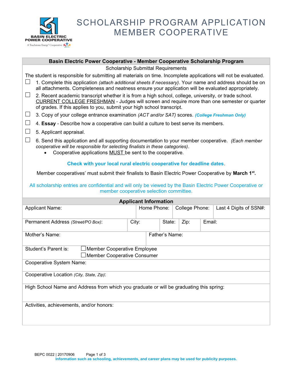 20170906 - HUM - FORM - Scholarship Program Application - Member Cooperative