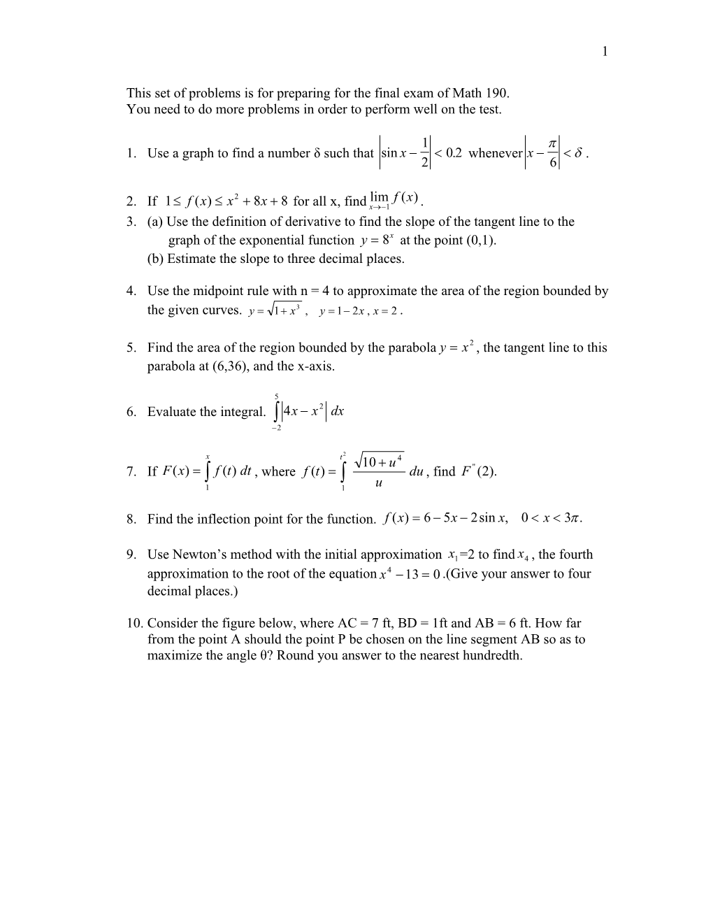 This Set of Problems Is for Preparing for the Final Exam of Math 190