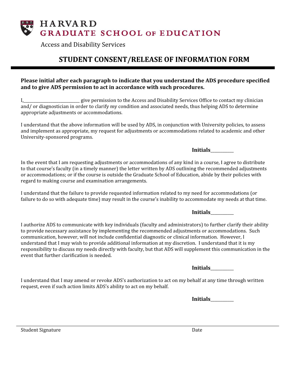 Student Consent/Release of Information Form