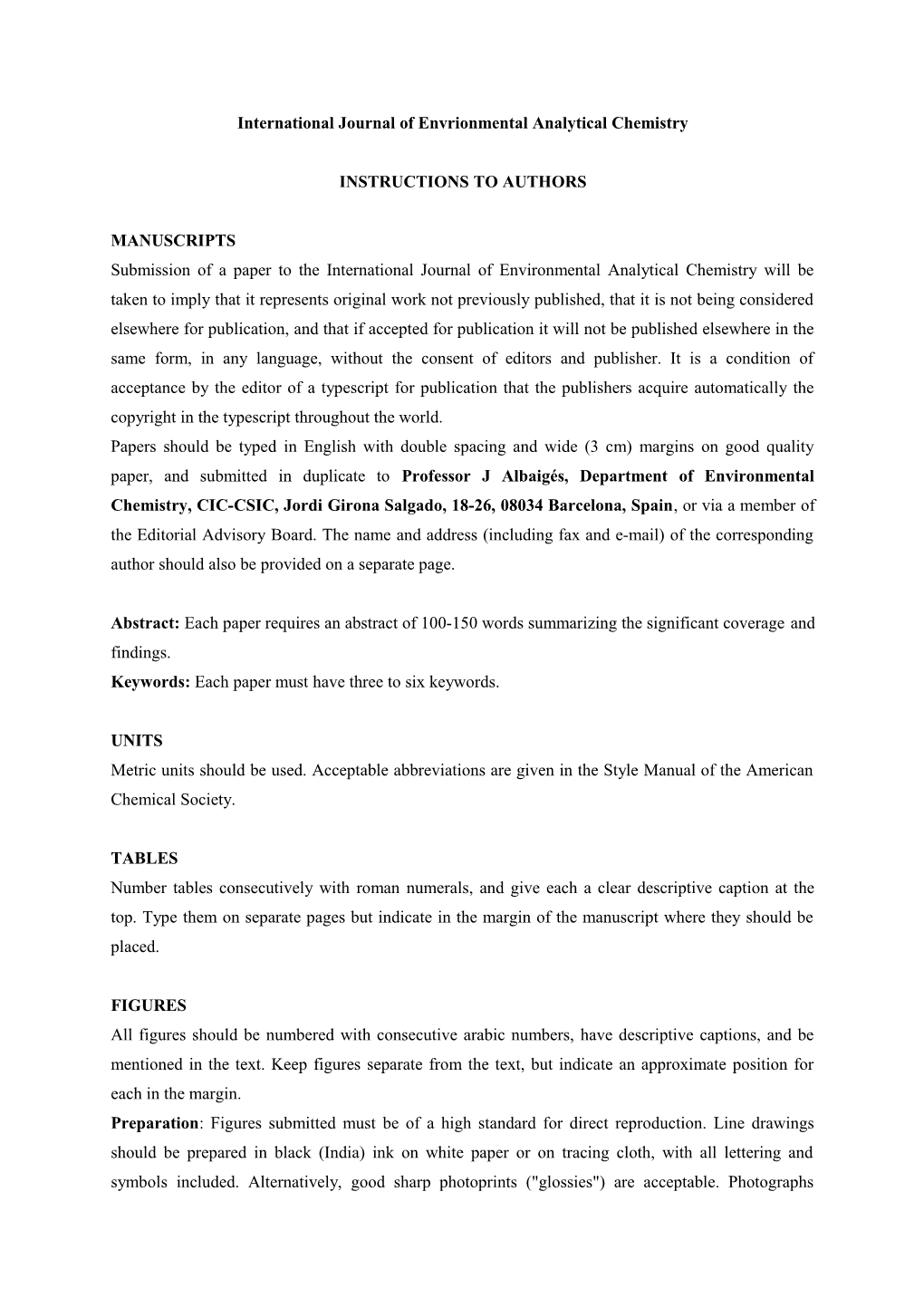 Submission of a Paper to the International Journal of Environmental Analytical Chemistry