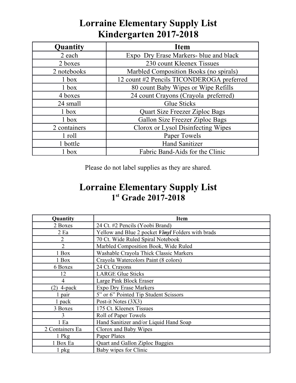 Lorraine Elementary Supply List