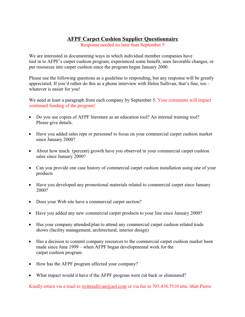 AFPF Carpet Cushion Supplier Questionnaire