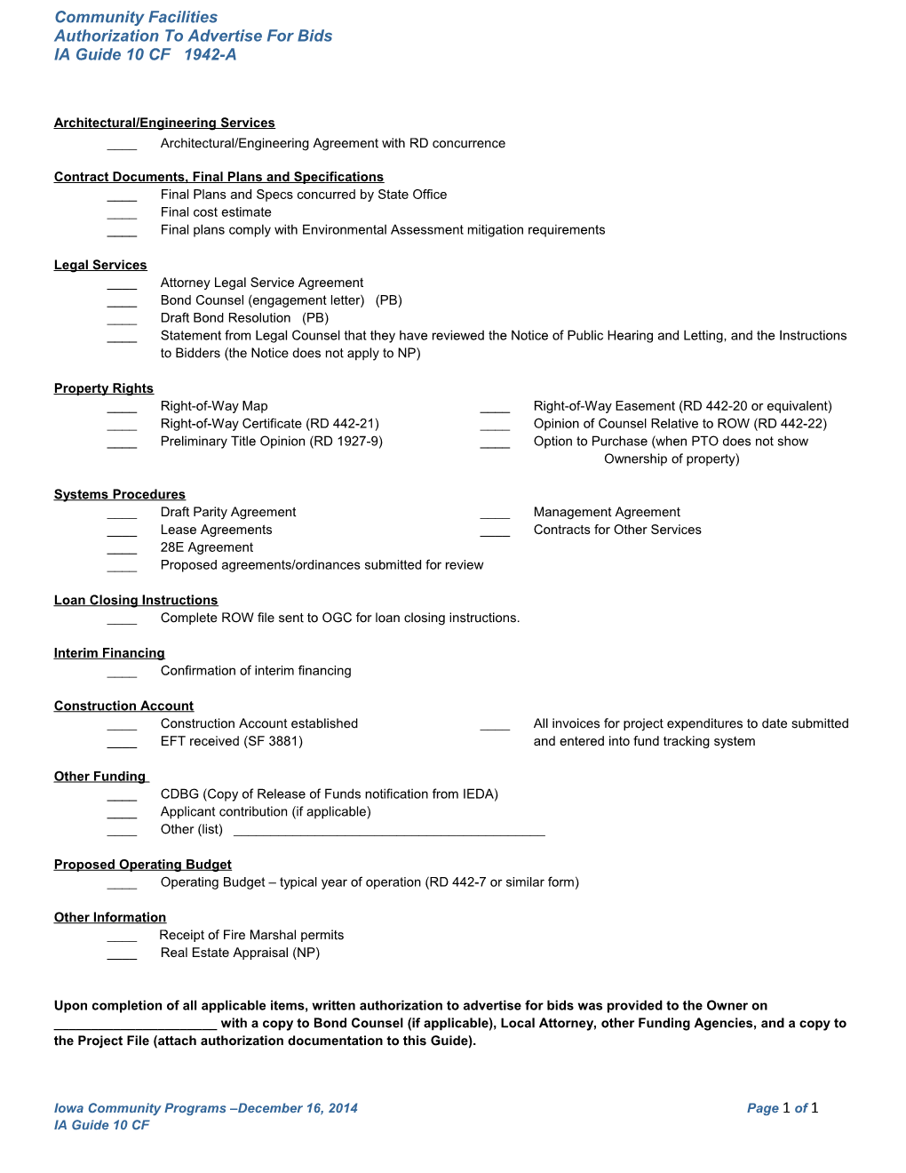 Guide 10 CF Authorization to Advertise for Bids (Rev 10/14)