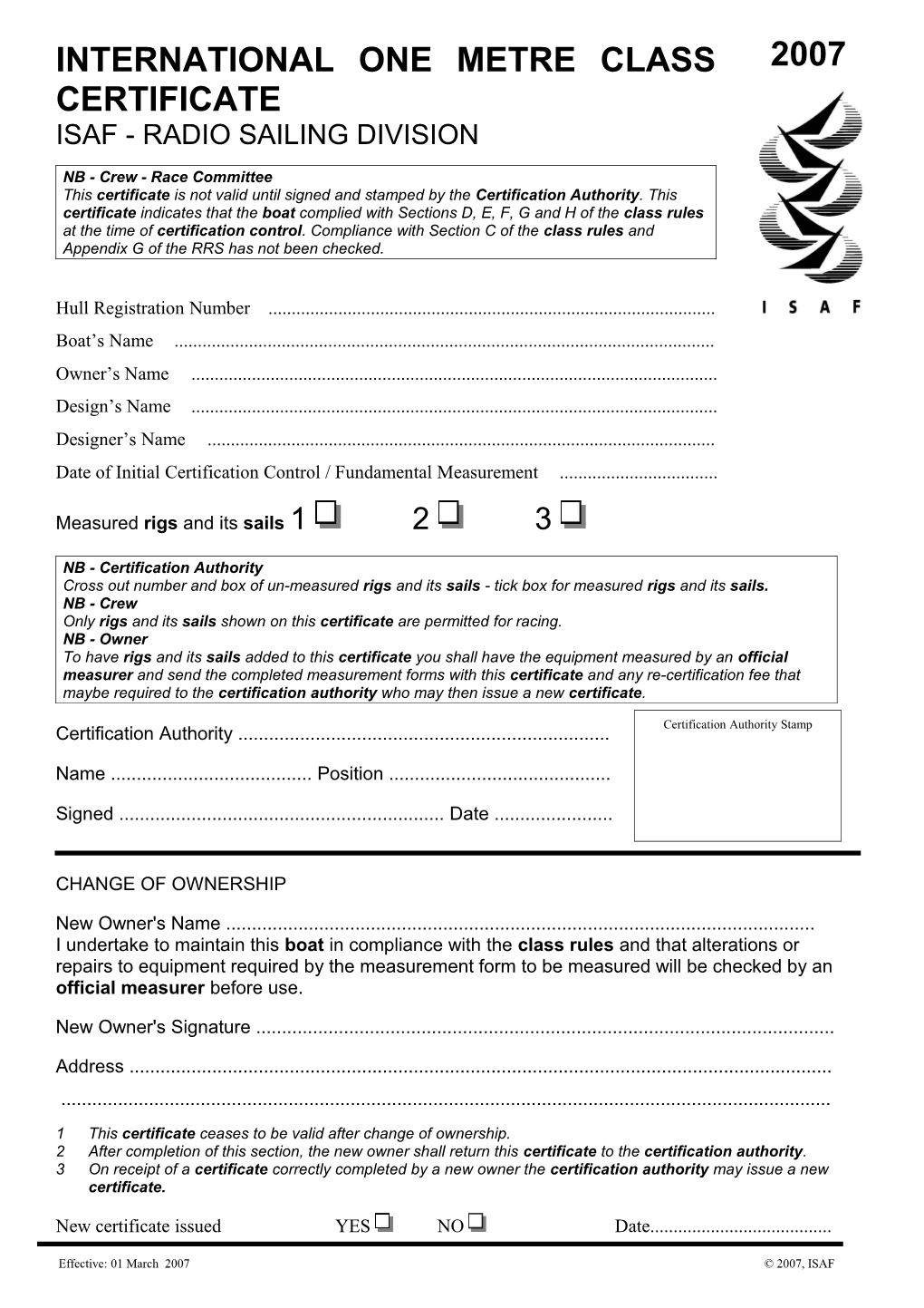 International One Metre Class Certificate