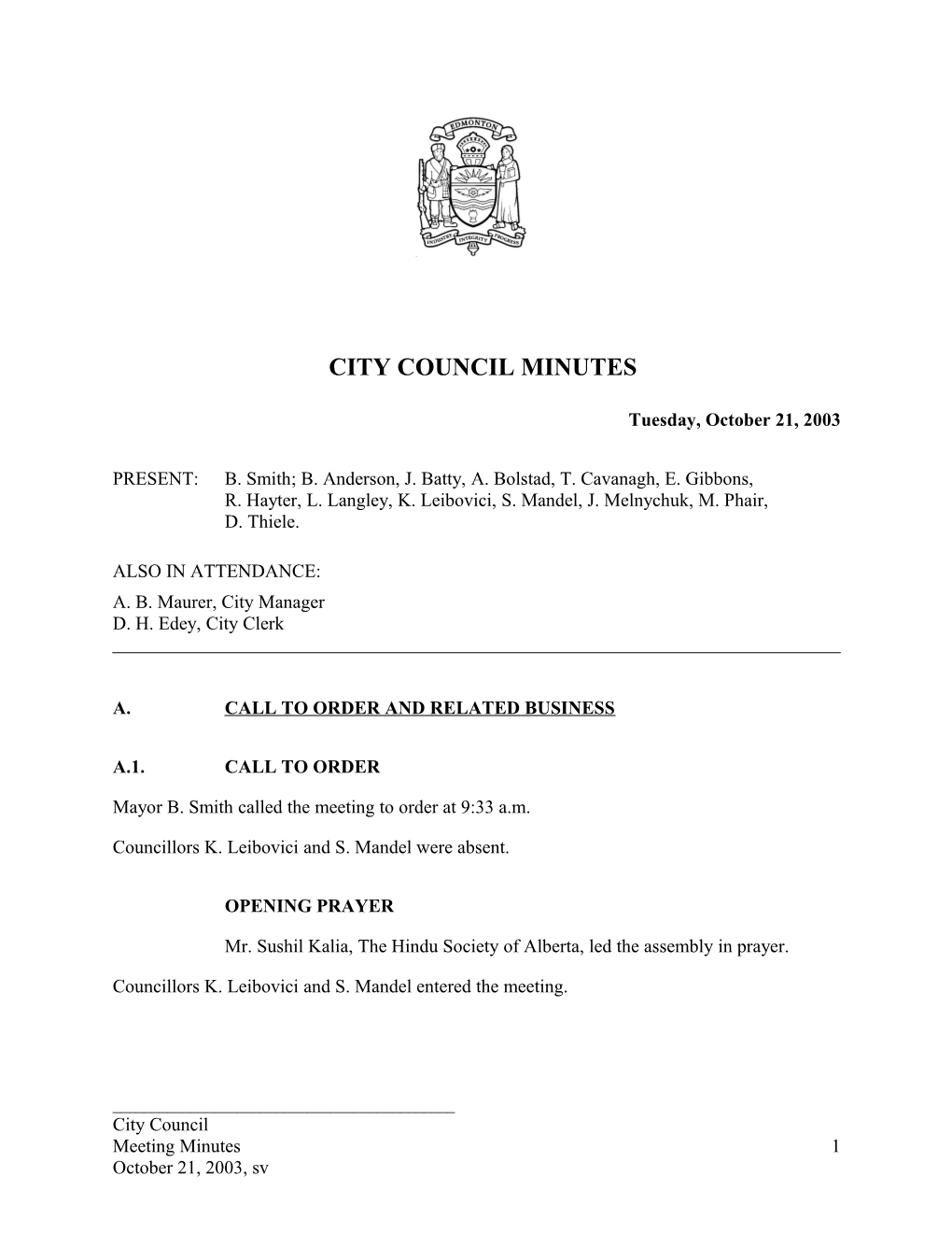 Minutes for City Council October 21, 2003 Meeting