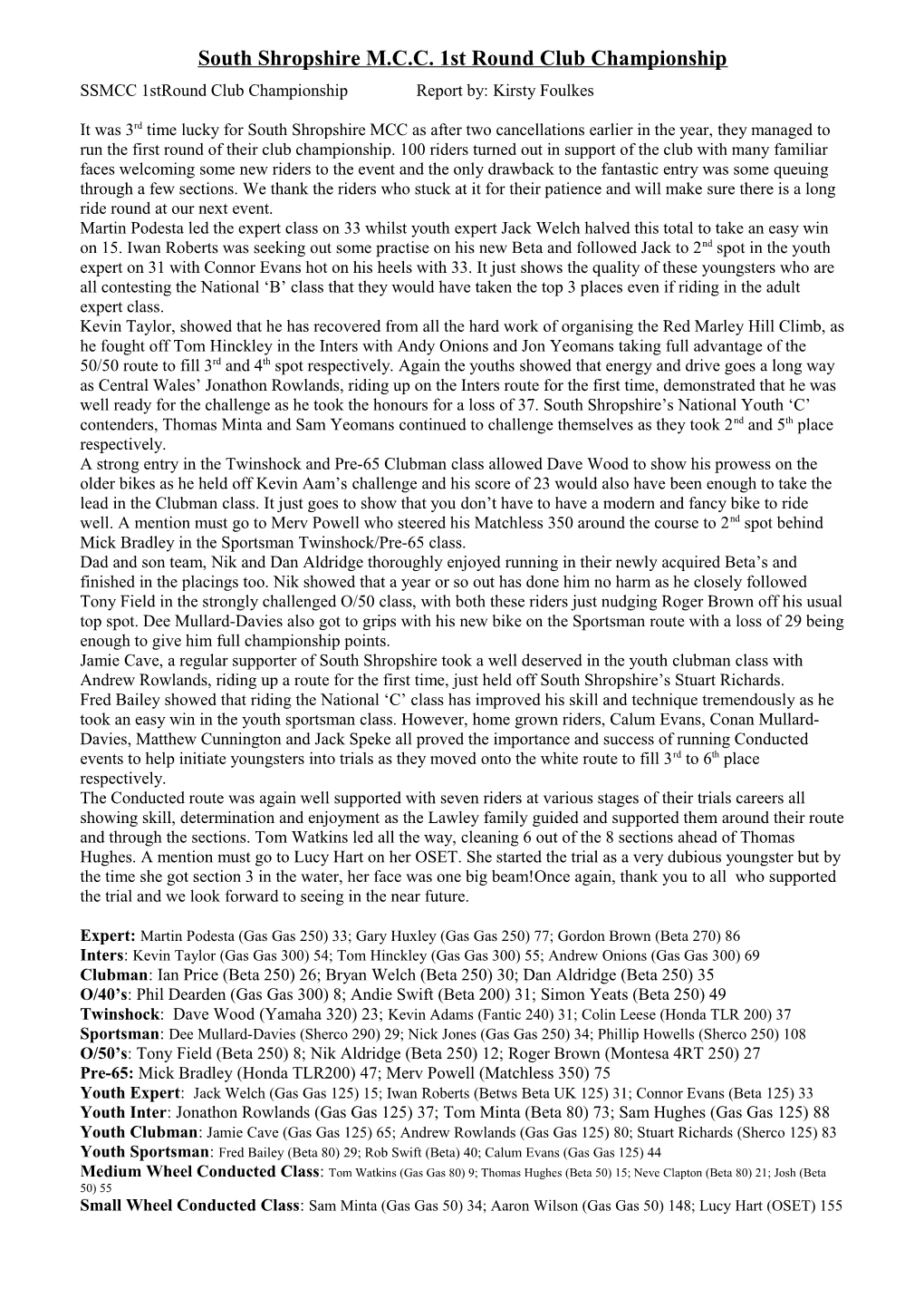 South Shropshire M.C.C. 1St Round Club Championship