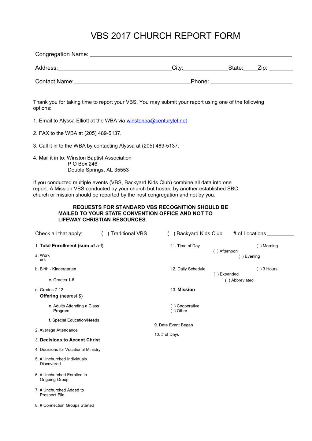 Vbs 2017 Church Report Form for Admin