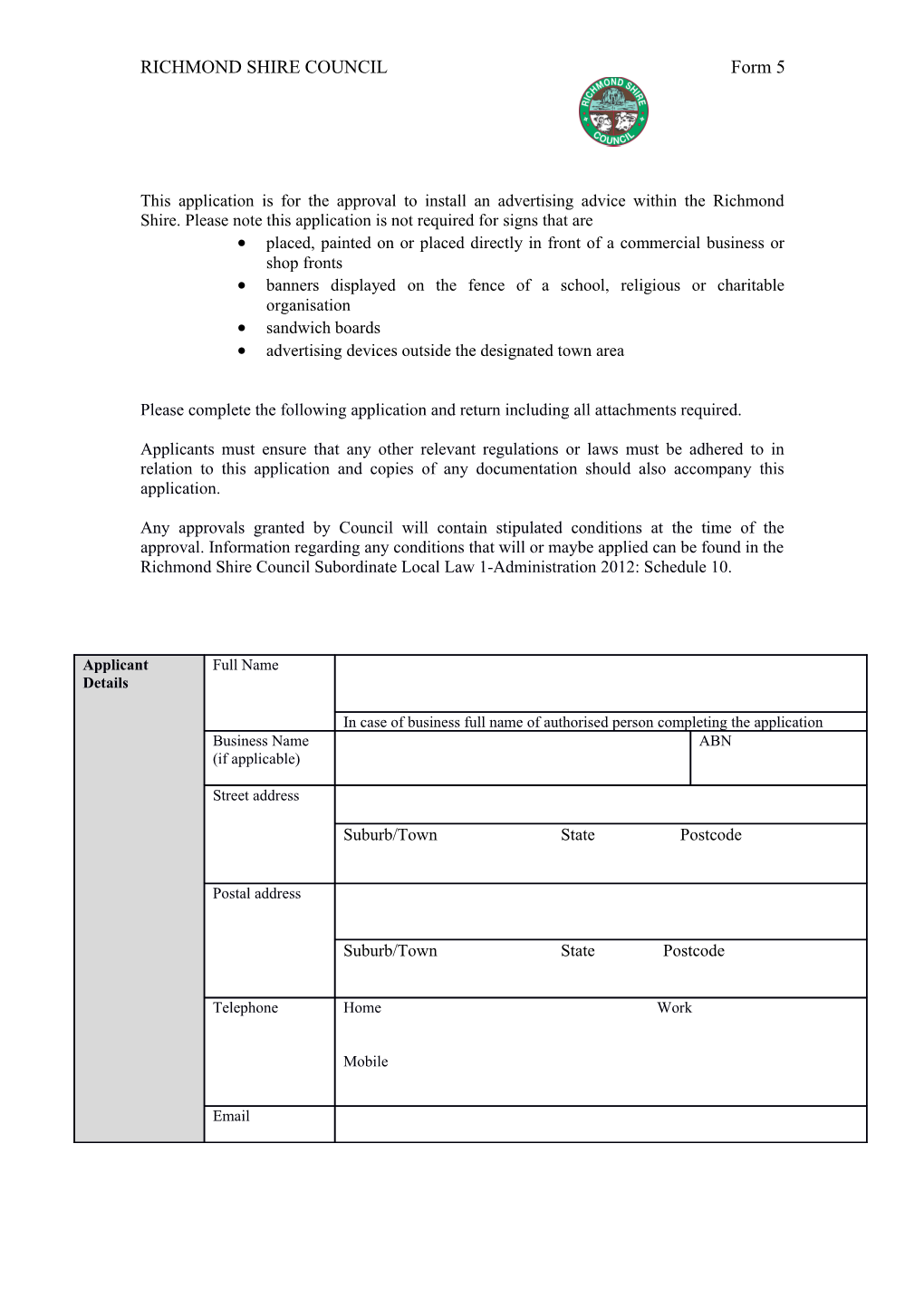 RICHMOND SHIRE COUNCIL Form 5