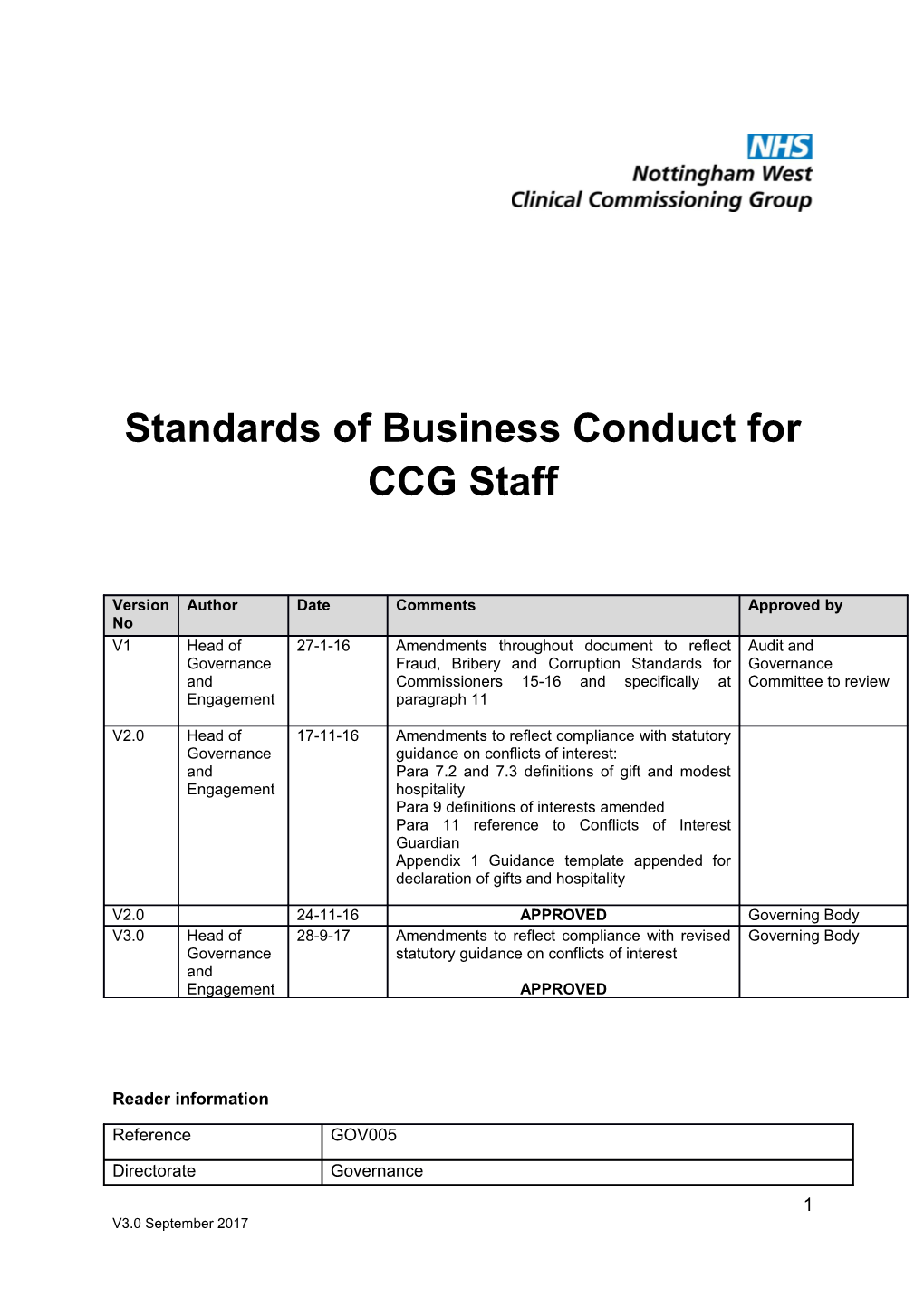 Standards of Business Conduct for CCG Staff