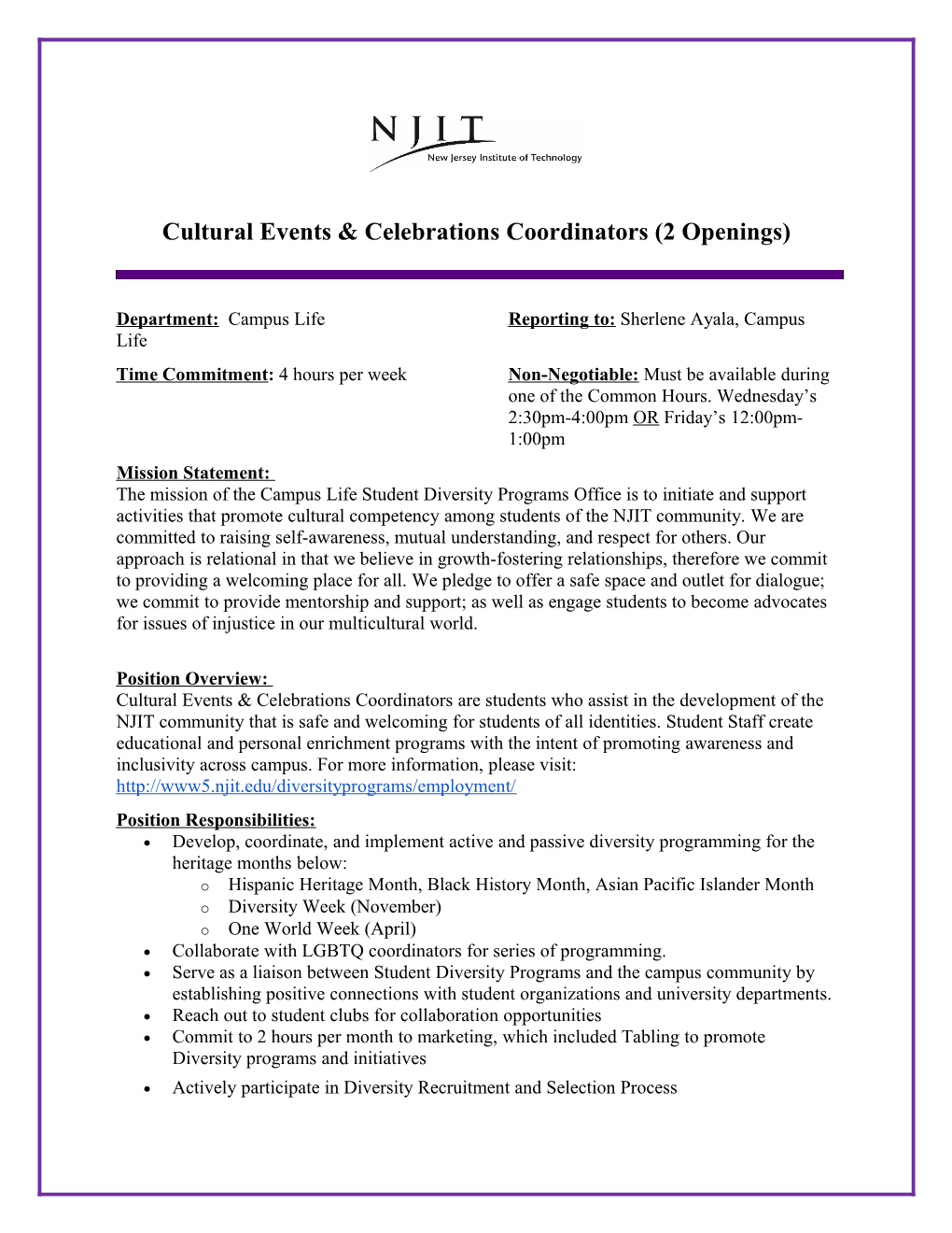 Cultural Events & Celebrations Coordinators (2 Openings)