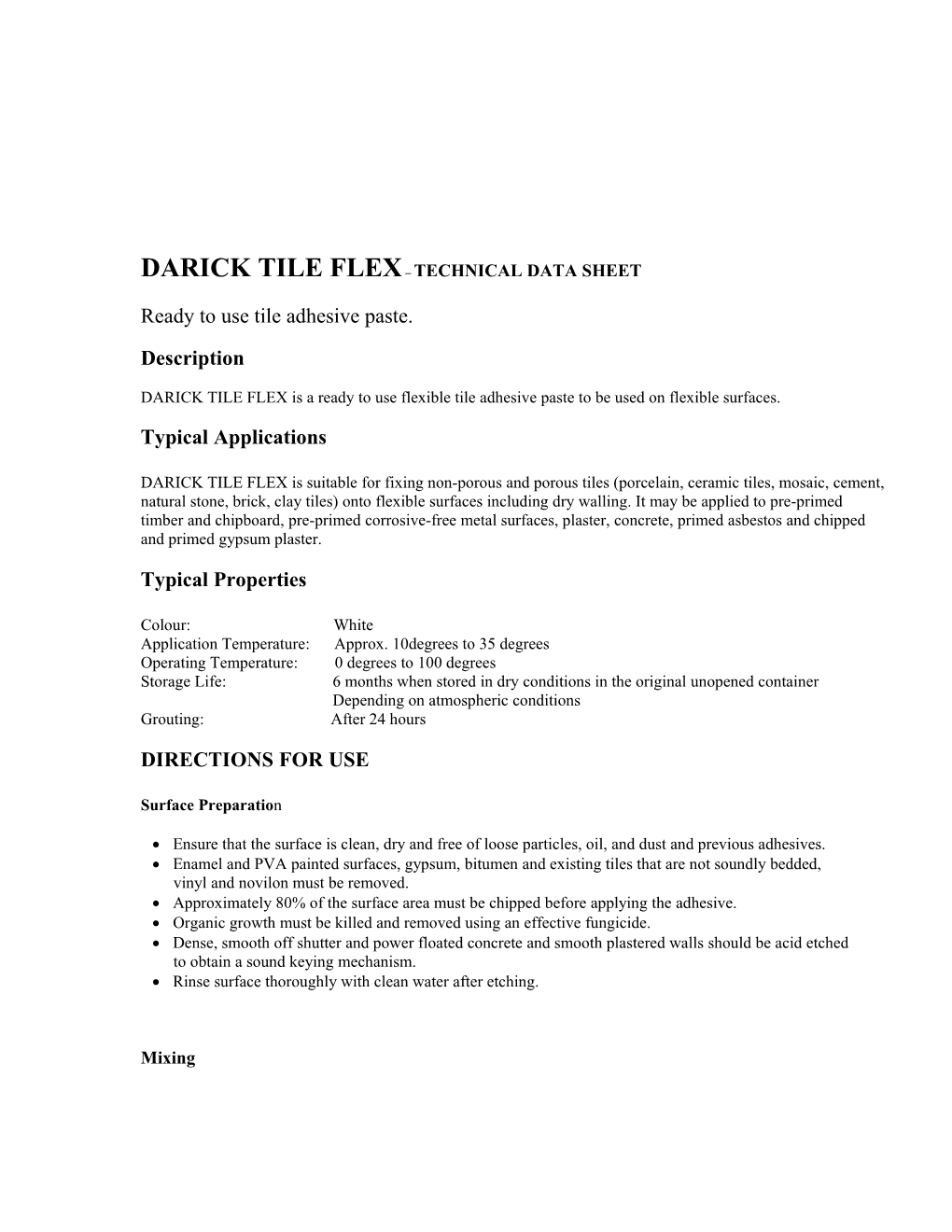 Darick Tile Flex Technical Data Sheet