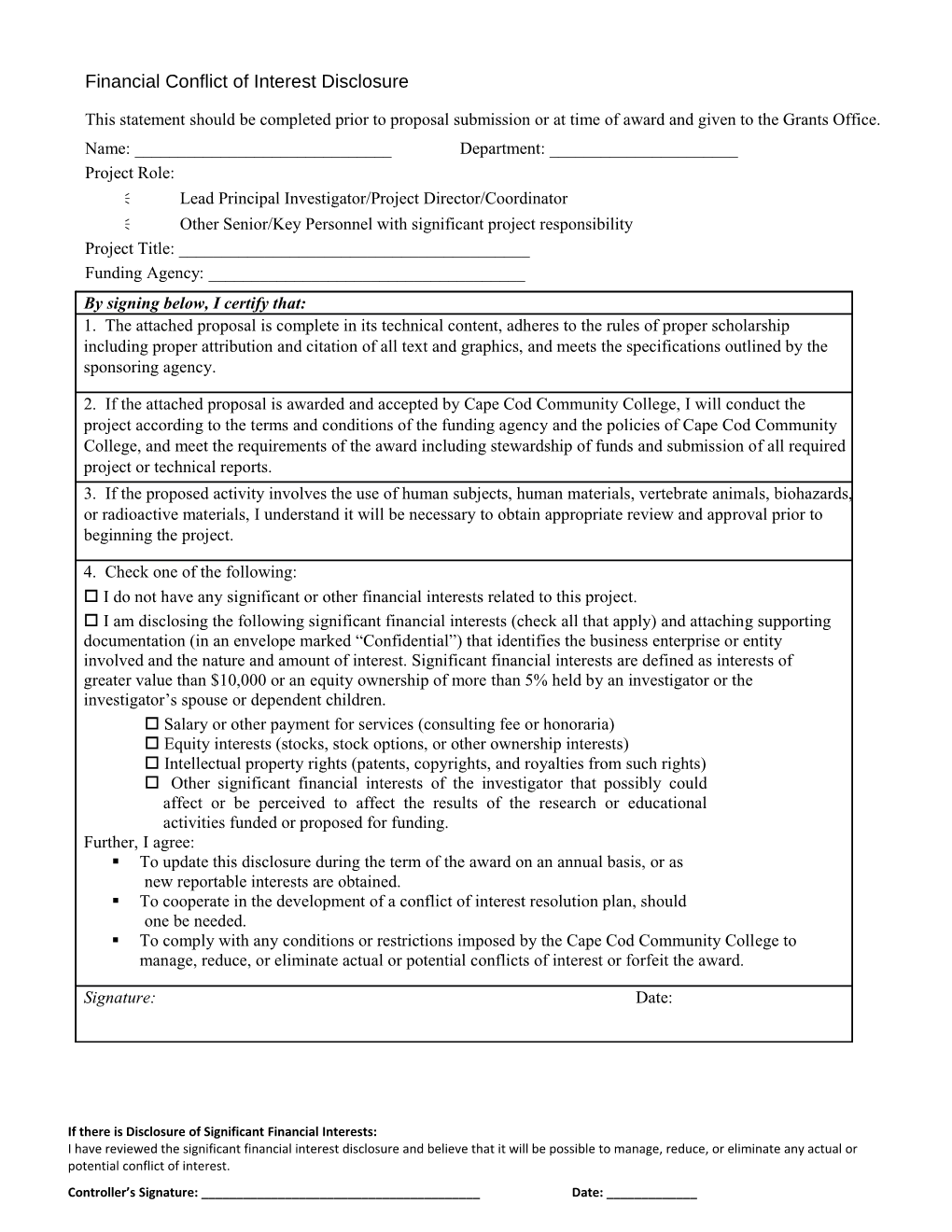 Financial Conflict of Interest Disclosure