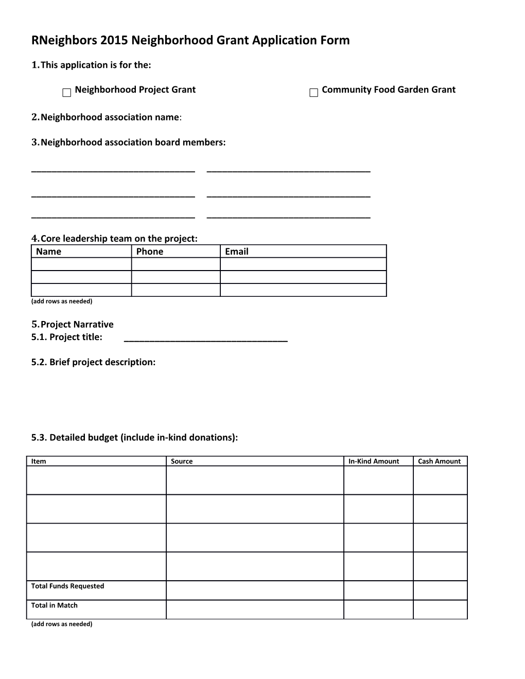 Rneighbors 2015 Neighborhood Grant Application Form