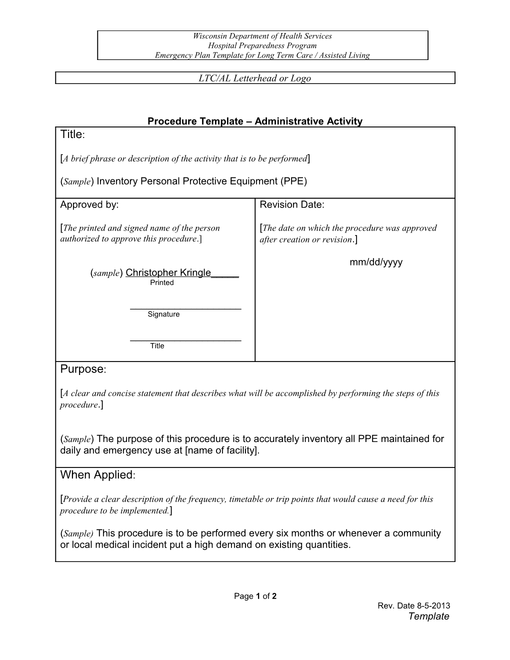 Procedure Template Administrative Activity