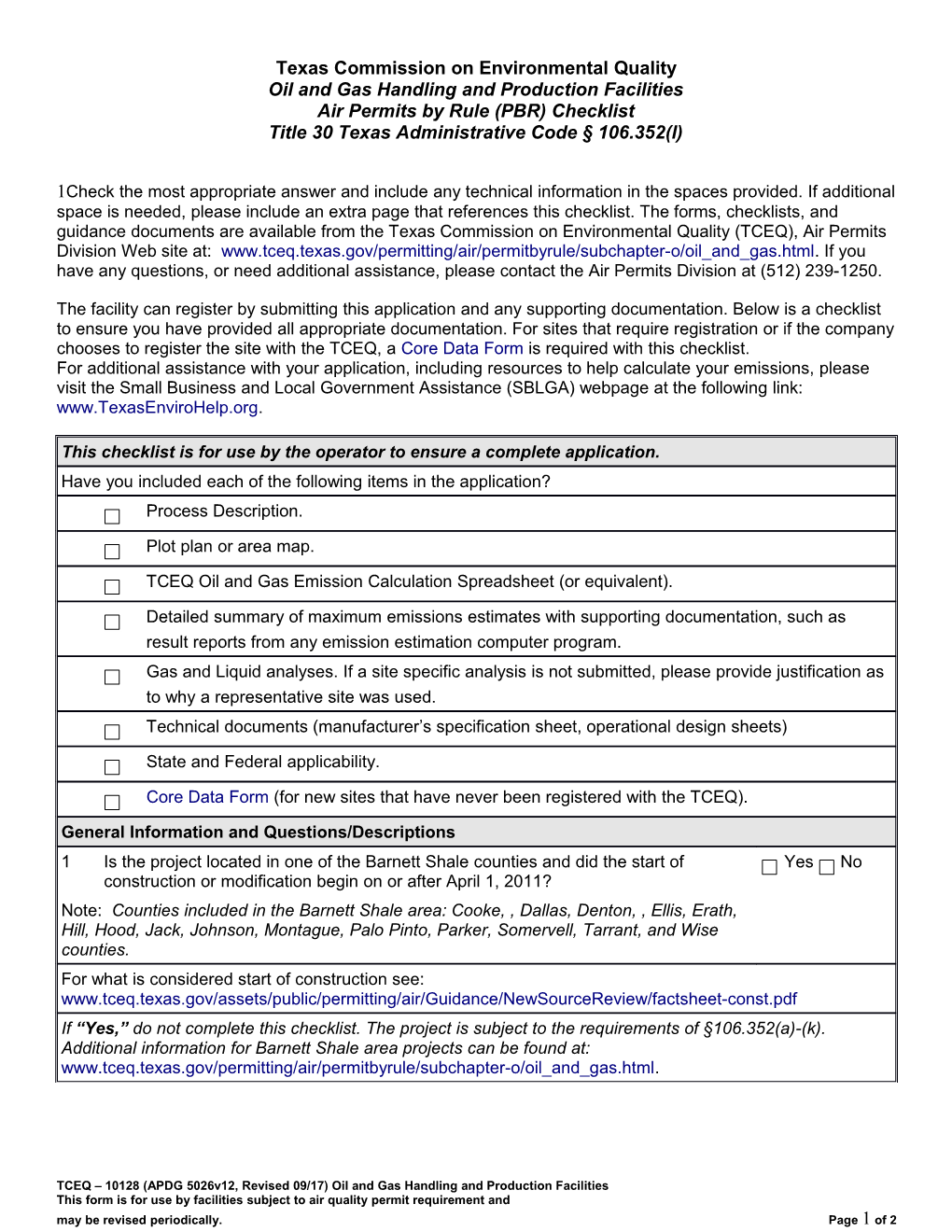 Oil and Gas Handling and Production Facilities Title 30 Texas Administrative Code 106.352(1)