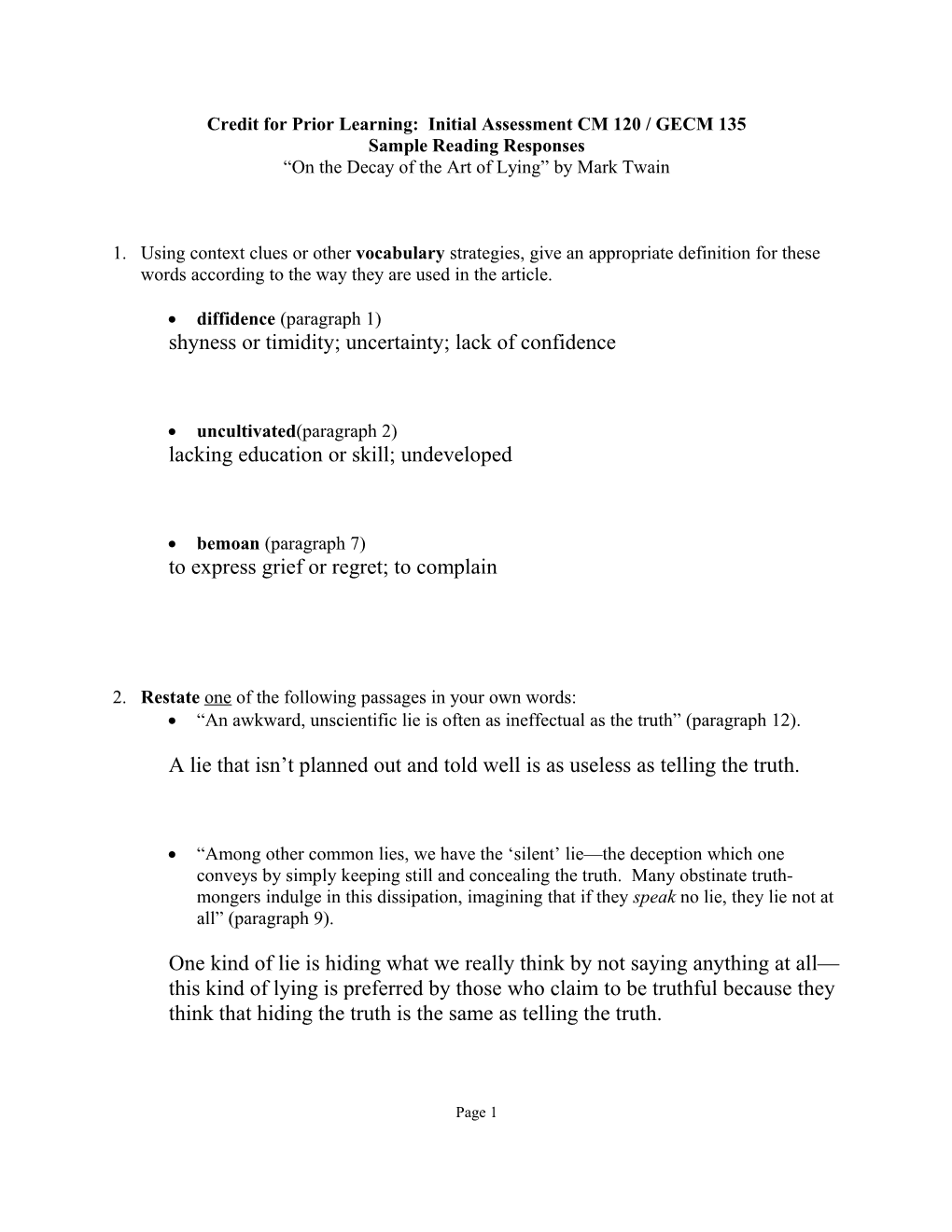 Credit for Prior Learning: Initial Assessment CM 120 / GECM 135