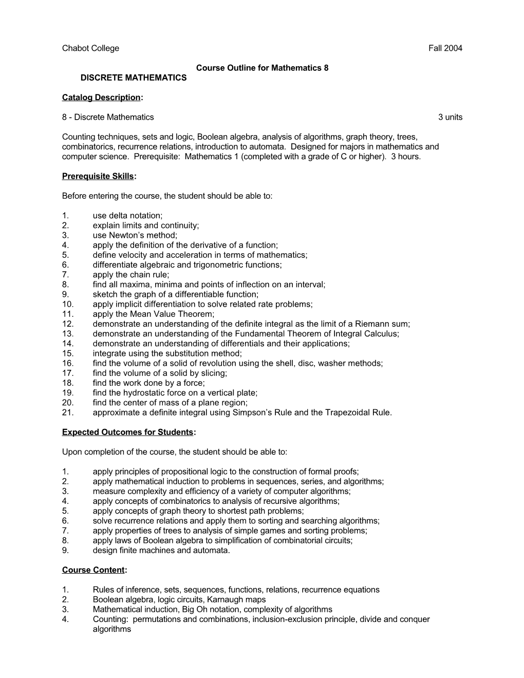 Course Outline for Mathematics 8, Page 1