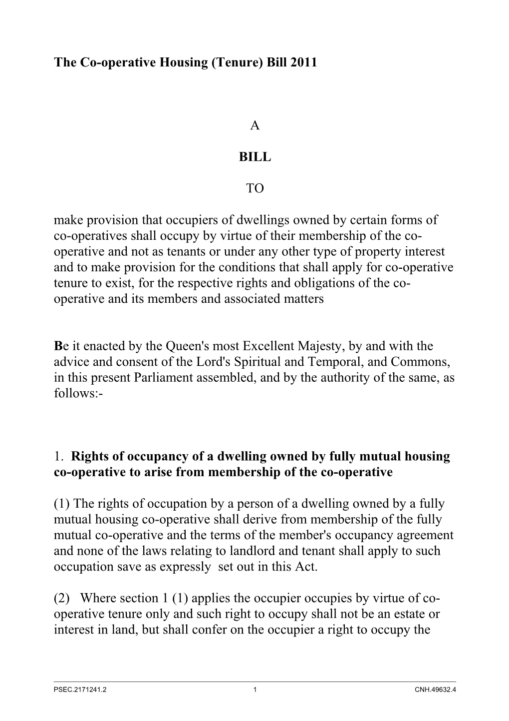 The Co-Operative Housing (Tenure) Bill 2011